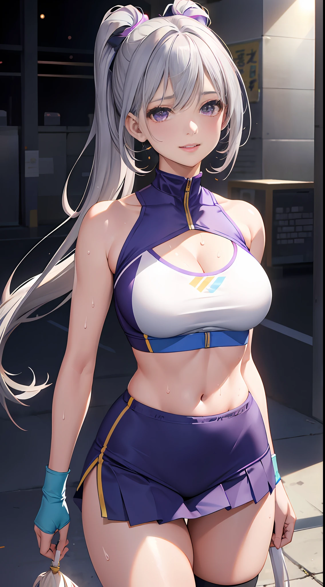 Realistic:, 1woman, ponytale, parted lips, blushful, makeups, light grin smile, grey hair, sportwear, white skirt, Glow, thighlet, purple eyes, bare shoulder, 鎖骨, a narrow waist, sunlights, sunlights, rozen, wind, cleavage, (masterpiece), the sweat,