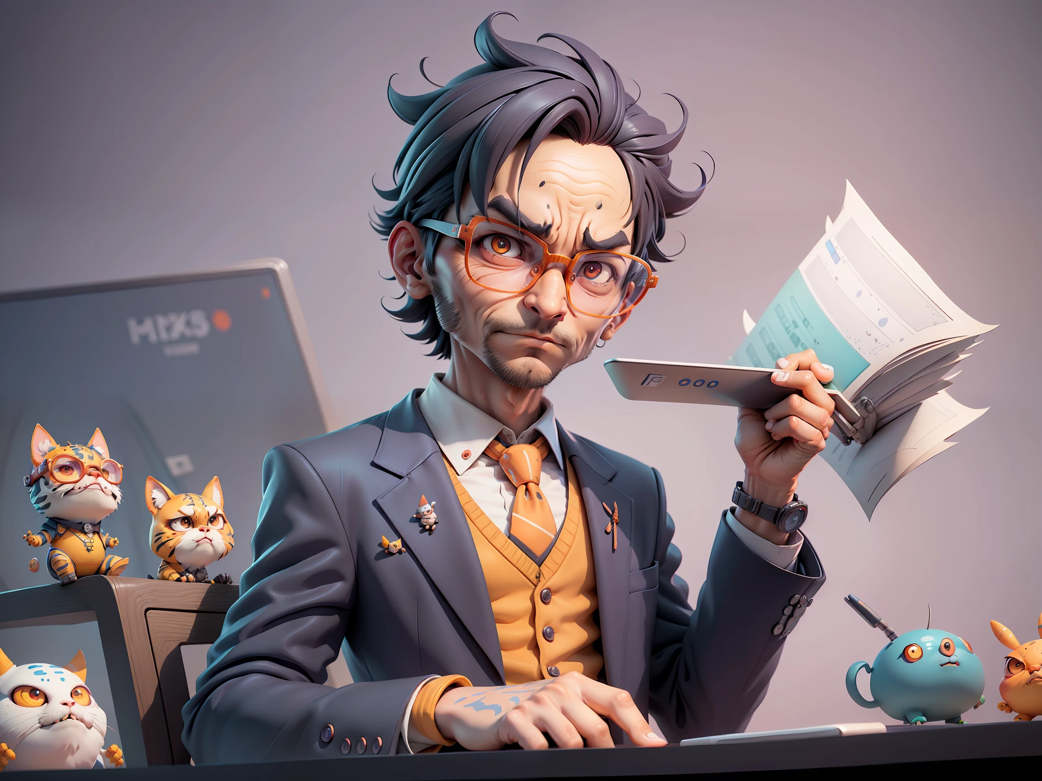 A young man in a suit, Short hair and glasses sat at his desk,holding laptop,digitial painting,tigre,3D character design by Mark Clairen and Pixar and Hayao Miyazaki and Akira Toriyama,4K HD illustration,Very detailed facial features and cartoon-style visuals。