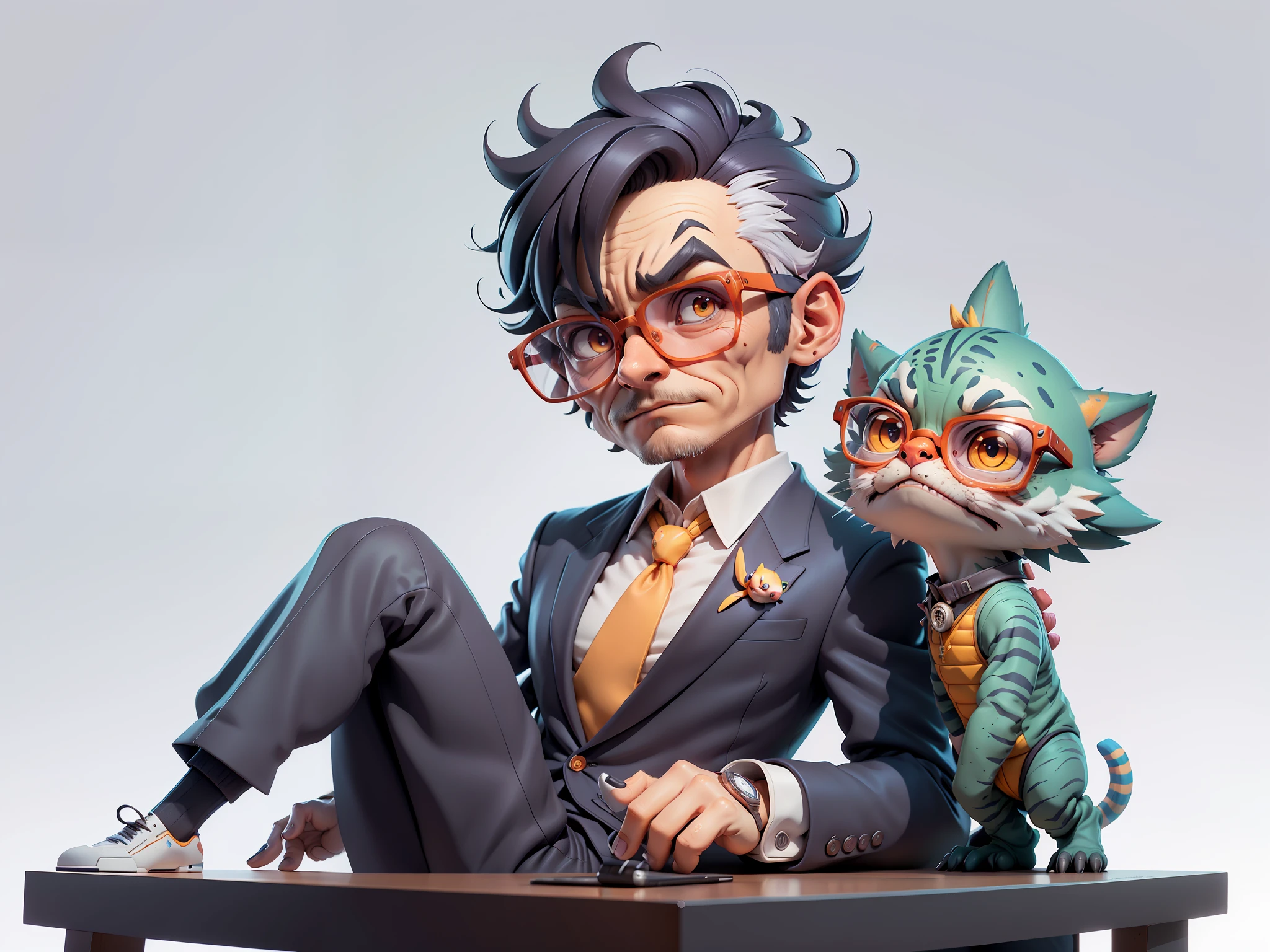 A young man in a suit, Short hair and glasses sat at his desk,holding laptop,digitial painting,tigre,3D character design by Mark Clairen and Pixar and Hayao Miyazaki and Akira Toriyama,4K HD illustration,Very detailed facial features and cartoon-style visuals。