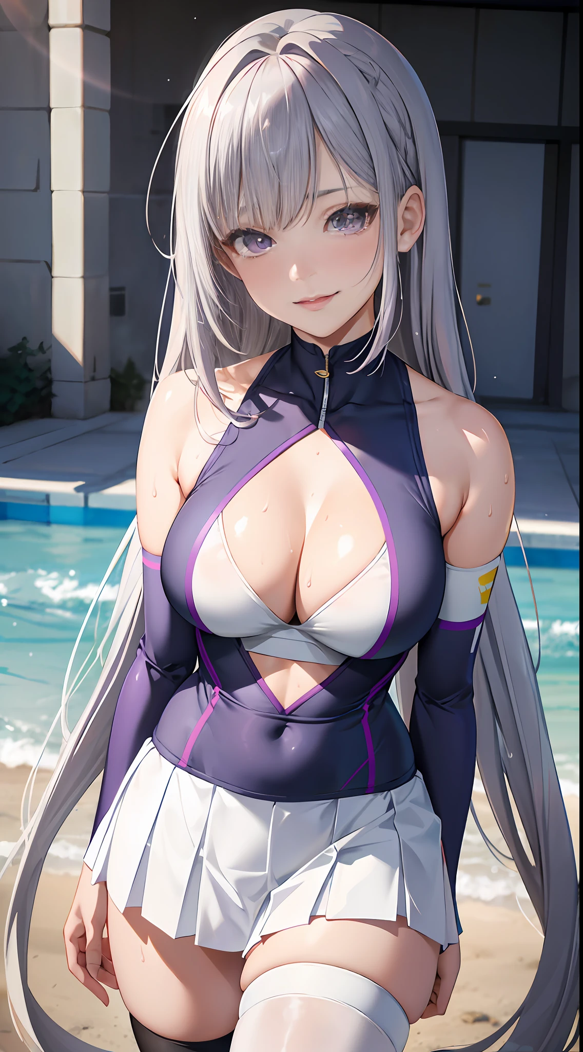 Realistic:, 1woman, ponytale, parted lips, blushful, makeups, light grin smile, grey hair, sportwear, white skirt, Glow, thighlet, purple eyes, bare shoulder, 鎖骨, a narrow waist, sunlights, sunlights, rozen, wind, cleavage, (​masterpiece), the sweat,