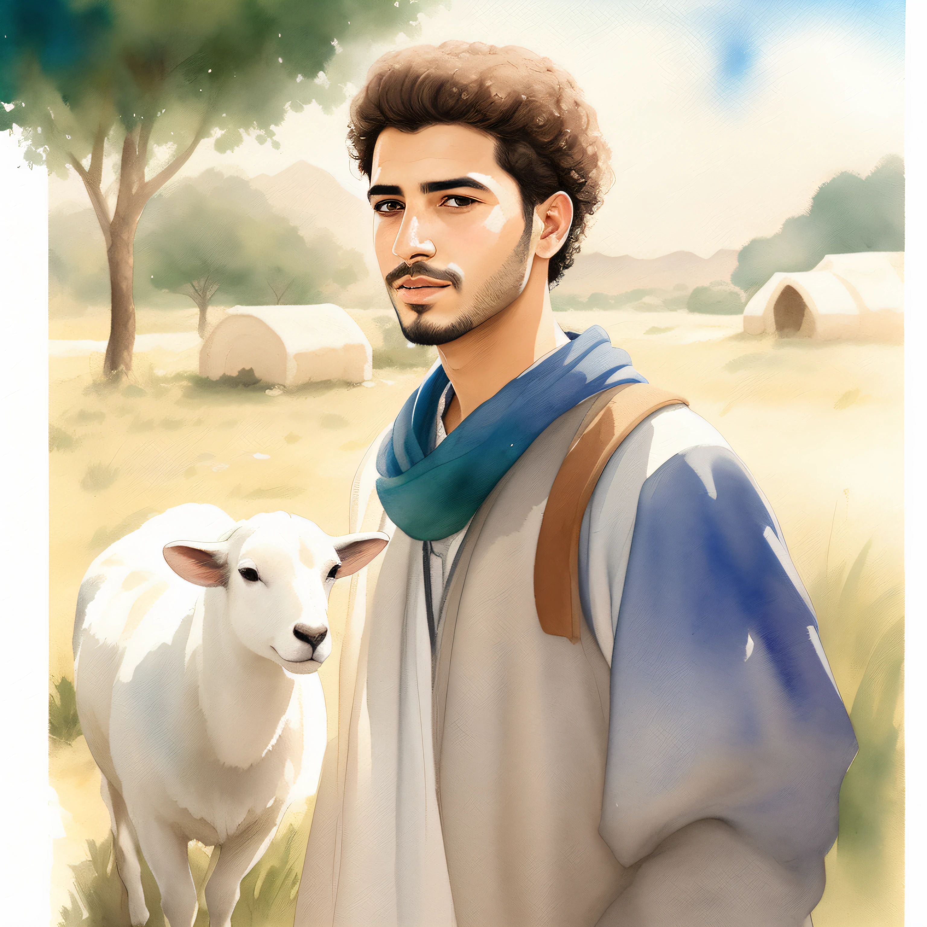 pintura de um homem com uma ovelha em um campo, pintura digital em aquarela, portrait of bedouin d&d, retrato colorido, retrato de alta qualidade, inspirado em Ahmed Yacoubi, Jovem homem grego, inspirado em Ahmed Karahisari, digital illustation, color digital illustration, um retrato do personagem, Aquarela Digital, pintura digital em aquarela, Portrait illustration