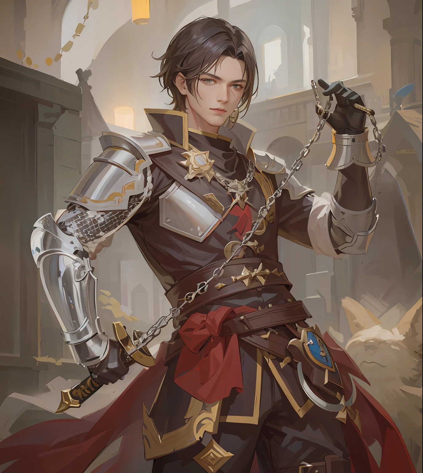 arafed image of a man in armor holding a Chain whip, casimir art, keqing from genshin impact, by Yang J, zhongli from genshin impact, inspired in kris from deltarrune, highly detailed exquisite fanart, a human male paladin, g liulian art style, shadowverse character concept, portrait of dragoon