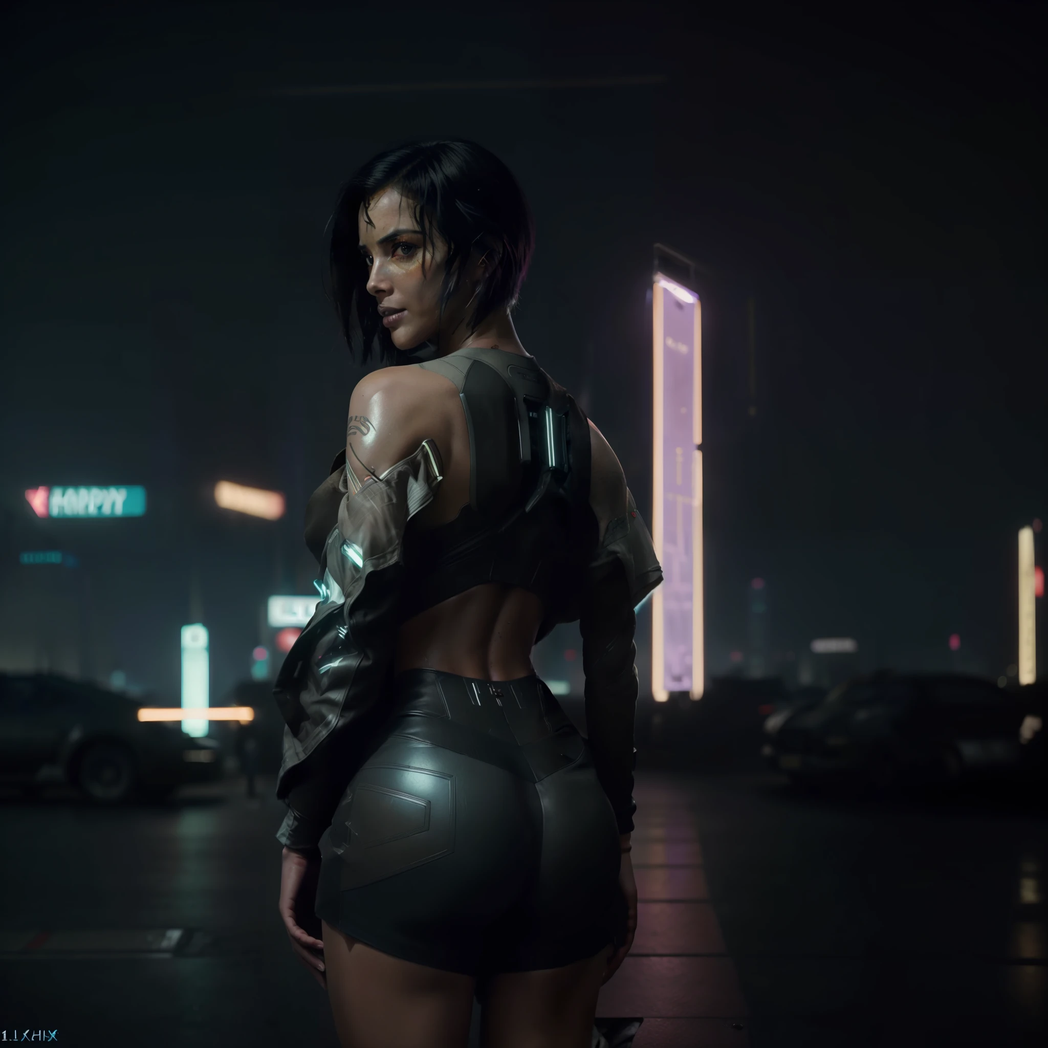 (8k, ARTISTIC photography, best quality, masterpiece: 1.2), (realistic, photorealistic: 1.37), over-detailed, (high-detail skin: 1.2),(Happy:1.3) black, (dark skin:1.1) woman black woman, back, standing with his back to the camera (( in a cyberpunk city streets) (clothes color is Mauve), beautiful face, complex, highly detailed background, Riddley scott, ghost in the shell, Blade Runner, Denis Villeneuve (((cinematic lighting))), ((clear details))