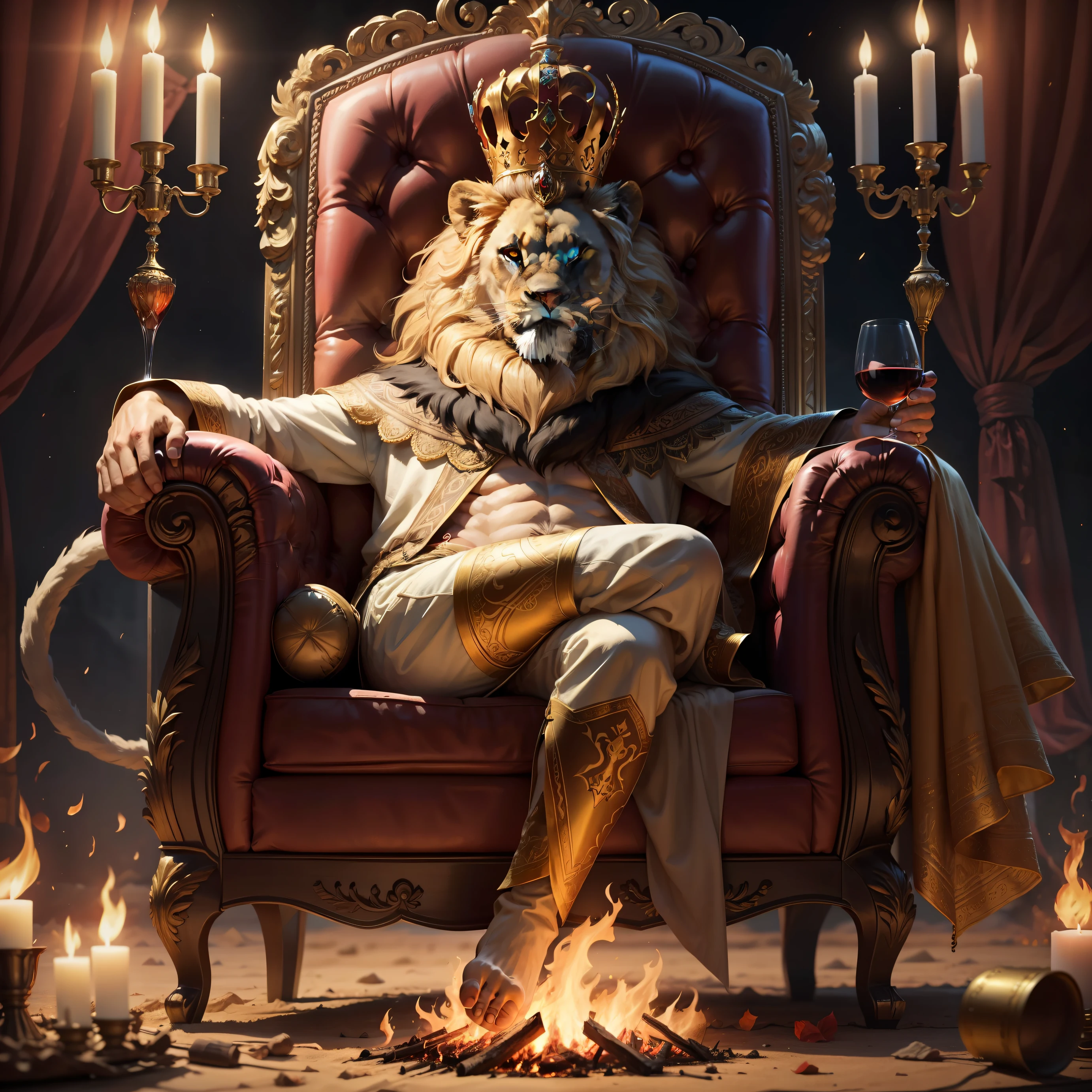 Lion sitting on a throne over the fire with a crown on his head and a glass of wine in his hand. His feet are really lion's and on his face is sketched an evil smile