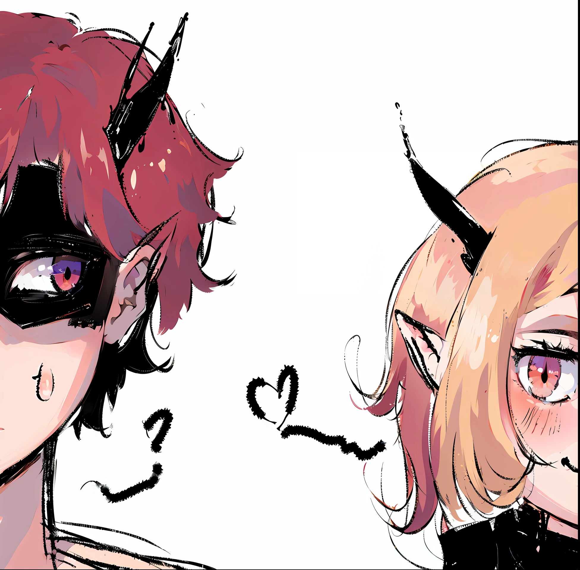 anime couple of a girl and a guy with horns and horns looking each other, cute horns, by Puru, by Shingei, with horns, oni horns, hidari and vlop, zerochan, devious evil expression, devil horns, smirk, blush, cute girl, handsome boy, simple background, high details, high resolution, masterpiece, elf ears, messy hair, red hair, salmon hair, snake eyes,