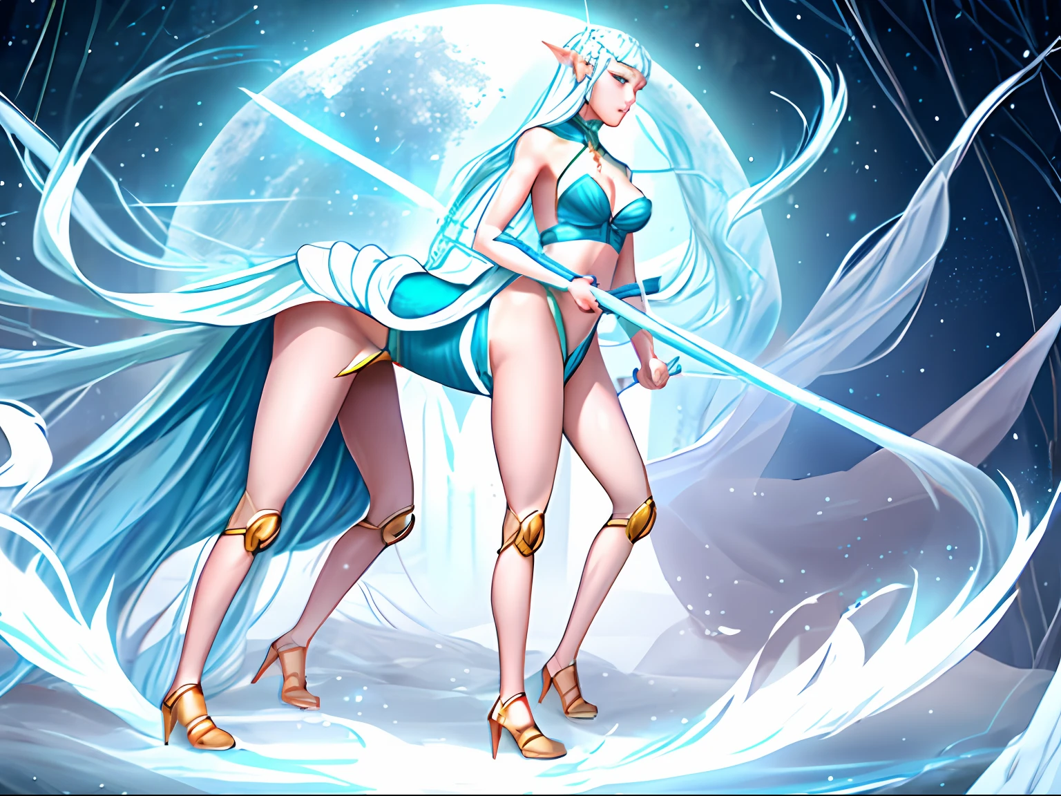 She is a Centaur female elf warrior,She has a delicate face,He has a y body,Her four legs are as slender as human models,Her skin was as white as snow,It reveals a mysterious light。Her long hair was silky and silky,Her eyes are like blue gems。