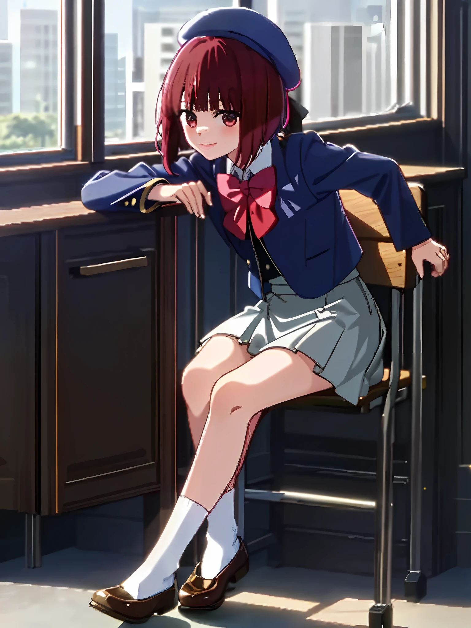 (masterpiece, highest quality, high definition), Kana Arima \(Oshinoko\), Masterpiece in detail, Top quality, 1 petite 17 year old girl, bangs, red hair, close-up, closed_mouth, smile, blush, shy, blue hat, hat, bow, pink bow tie, uniform, blue jacket, jacket, skirt, gray skirt, 1 petite girl, solo, shirt, white shirt, feet, black socks, sitting, classroom, hair_ornament, looking_at_viewer, beautiful detailed eyes, red eyes, panty, lifting skirt, professional effects, movie scenes, fantastic rendition, fantastic effects, professional finish down to the smallest detail