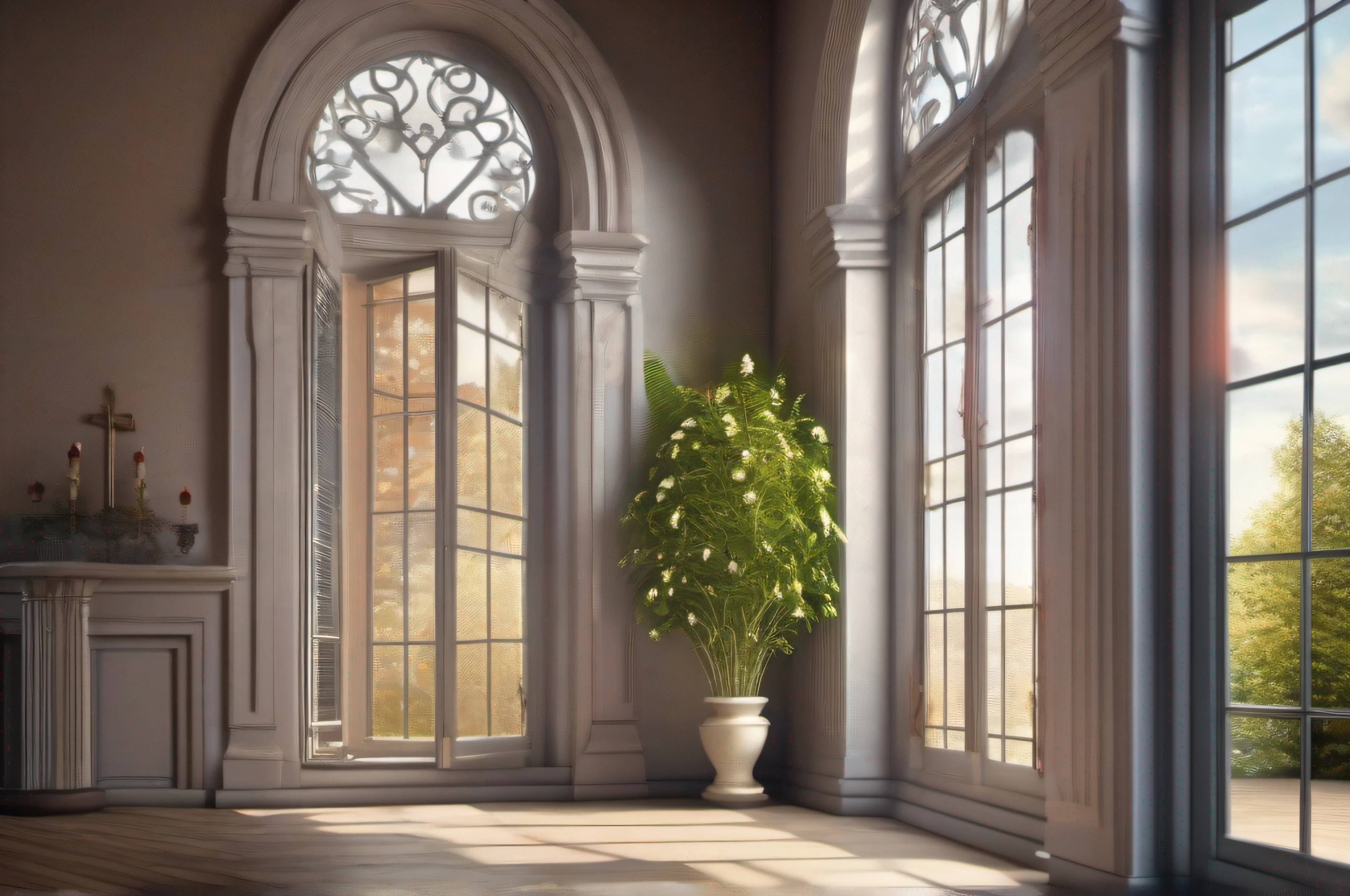 (masterpiece, best quality, CGI, official art: 1.4), a view of a window with a plant in a vase in front of it, photo of a beautiful window, beautiful atmospheric details, impressive arcane backdrop, ambient open window background ib,floral,church background,dramatic backlit window,atmospheric fantasy setting,window,beautiful matte painting,mansion room,large window,hyper realistic background,