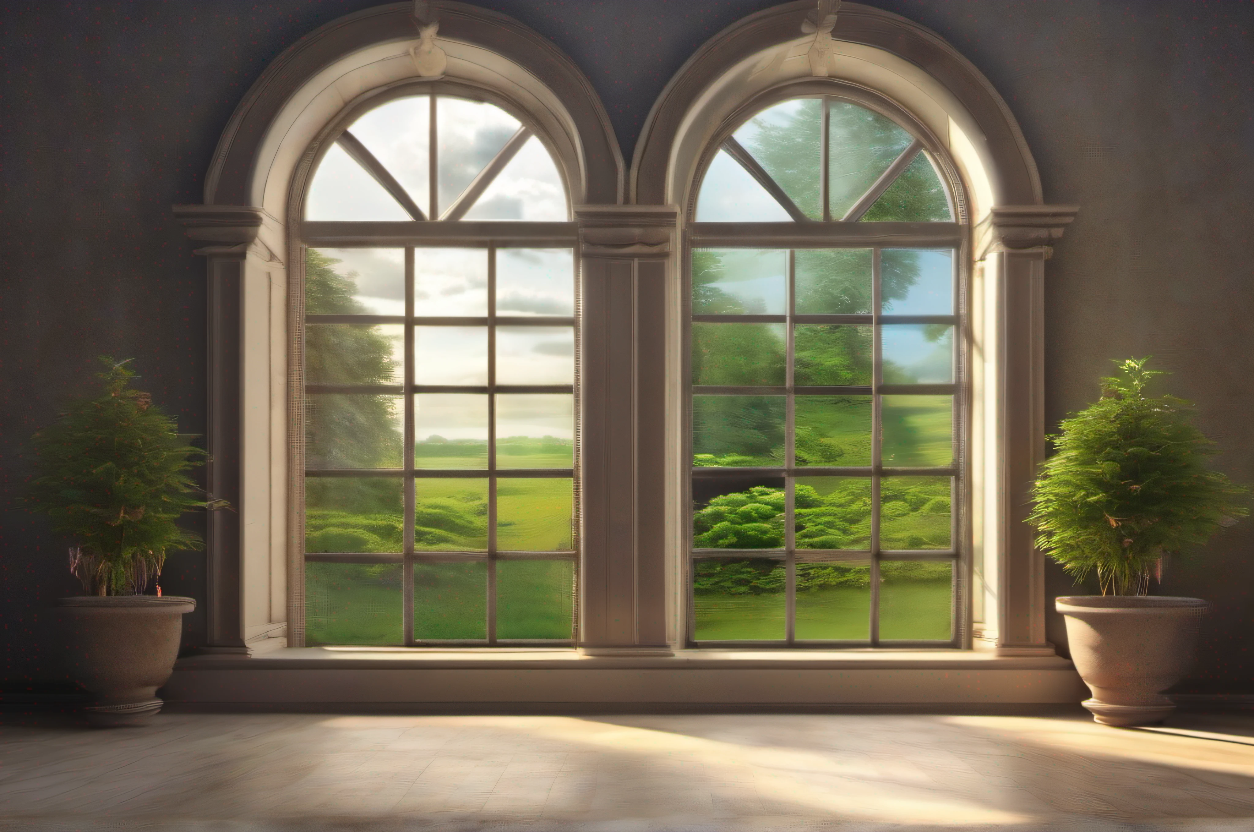 (masterpiece, best quality, CGI, official art: 1.4), a view of a window with a plant in a vase in front of it, photo of a beautiful window, beautiful atmospheric details, impressive arcane backdrop, ambient open window background ib,floral,church background,dramatic backlit window,atmospheric fantasy setting,window,beautiful matte painting,mansion room,large window,hyper realistic background,