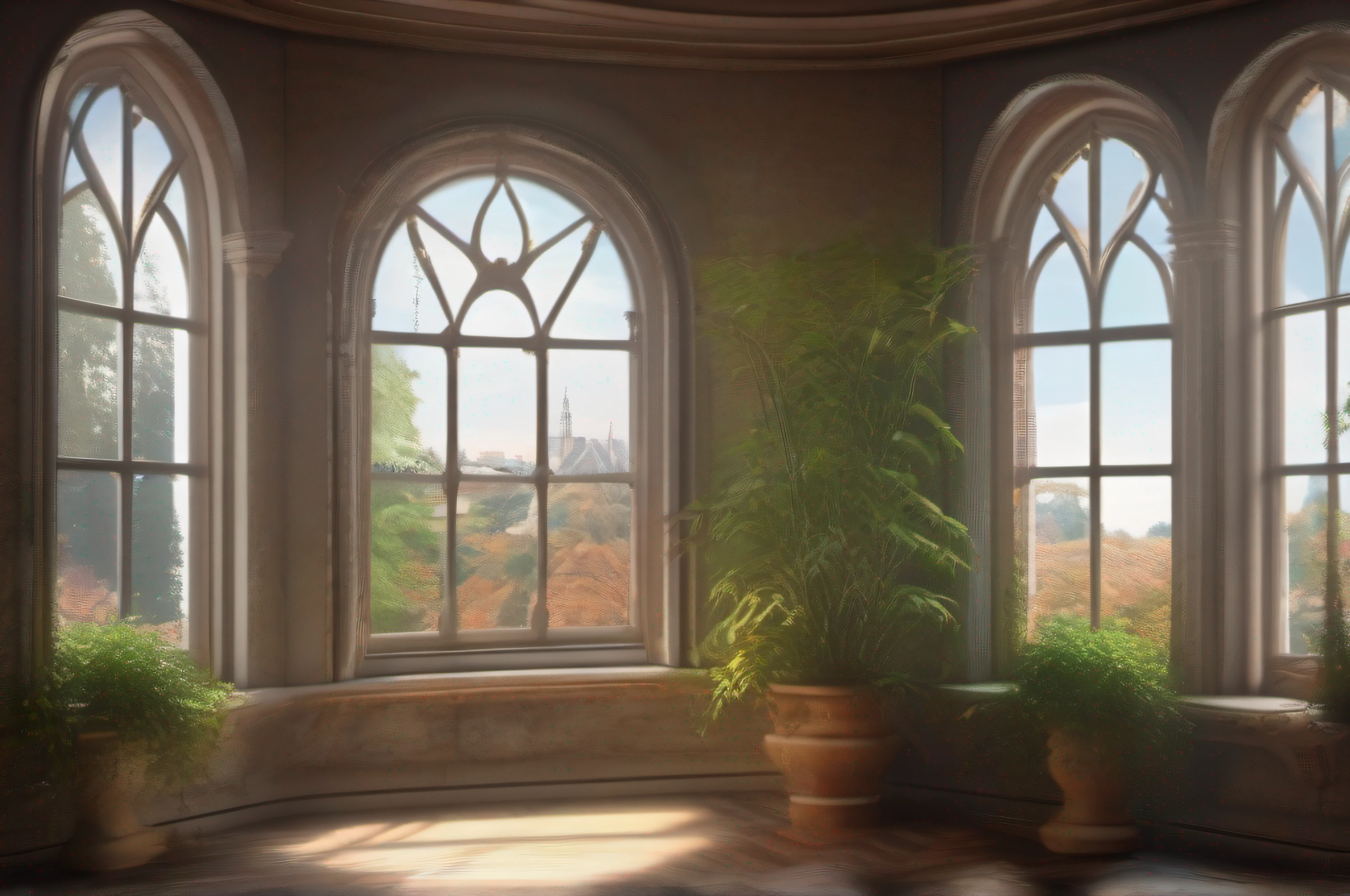 (masterpiece, best quality, CGI, official art: 1.4), a view of a window with a plant in a vase in front of it, photo of a beautiful window, beautiful atmospheric details, impressive arcane backdrop, ambient open window background ib,floral,church background,dramatic backlit window,atmospheric fantasy setting,window,beautiful matte painting,mansion room,large window,hyper realistic background,