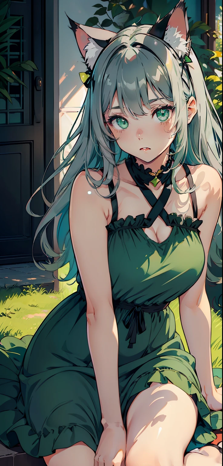 1girl, (female), (closeup), (cute: 1.2), (cat ears), (green eyes), (elongated eyes), (bright green color), (blue | gray hair), (thick eyelids) , (fluffy dress), (dark green dress), (thick legs), (thick thigh),