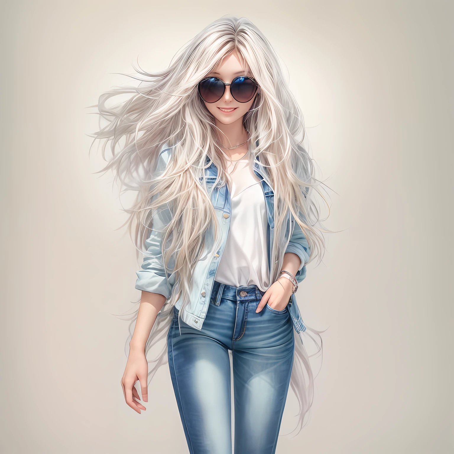 (tmasterpiece),Ultra - Detalhado,8k,((Table of functions:1.4))Or see the outline,vista para a rua,Uma menina de cabelo comprido,sorriso,Denim Jeans Pants,sunglasses,Simple background illustration,fundo plano branco,((cabelos pretos compridos)),(long, whitish hair))