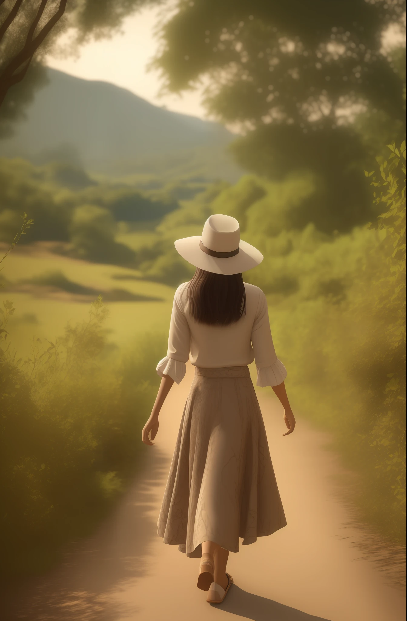 There is a woman, andando de costas, indo em uma estrada rural, with trees by the wayside, ao por do sol, salmon skirt, camisa branca com mangas, paisagem rural, beige hat , dappled shadows on the ground, hora dourada, cerca de arame a beira dessa estrada, bucolic image, ultra realista, mulher sem sapatos