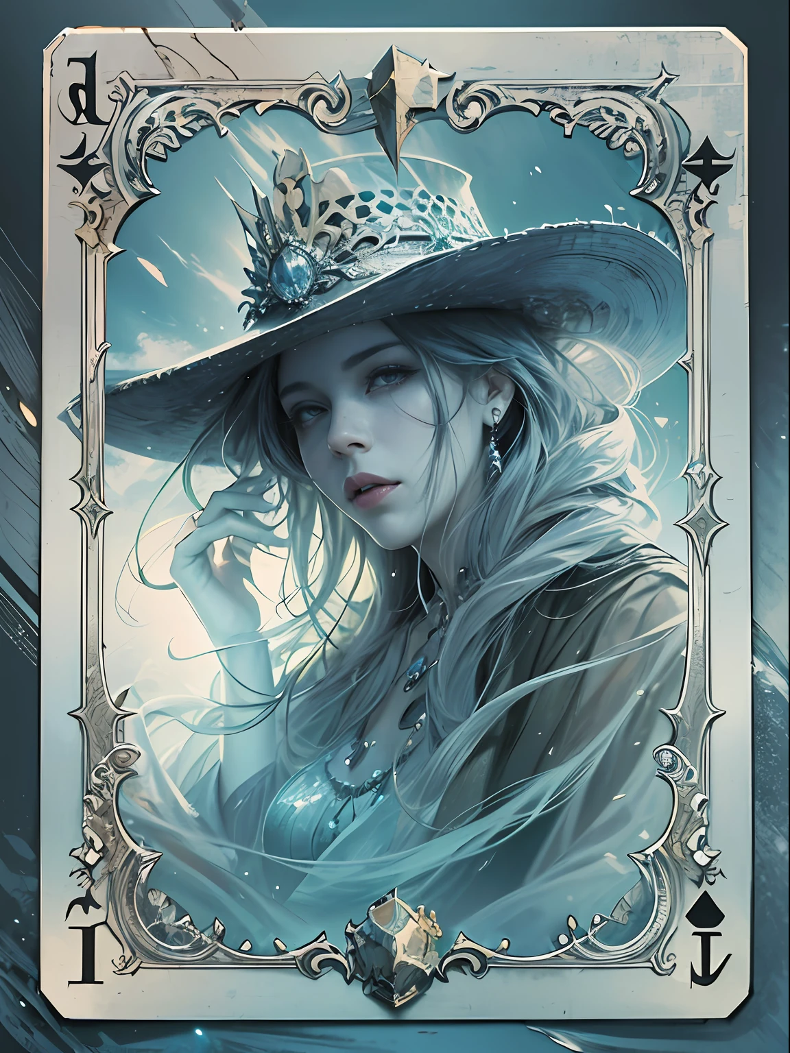 (Jogo King Card:1.5, simetria rotacional),Stephen Gammell,(cowboy shot),Minimalist compositions,ondas do oceano,Maga Feminina,Cocar de cristal requintado, requintada armadura de cristal,Fio Eletroluminescente,brilho sonhador,arte digital conceitual,Azure azul e cinza,(Very detailed, Reasonable design, linhas claras, alta nitidez,melhor qualidade, master part, 4k )