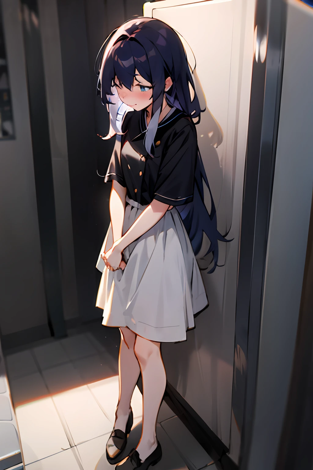 1girl with long hair and dress, 1 girl is taking to lavatory, looking away, standing, embarrassed, blush, Keep one's mouth shut, street (girl is peeing self:0.6)