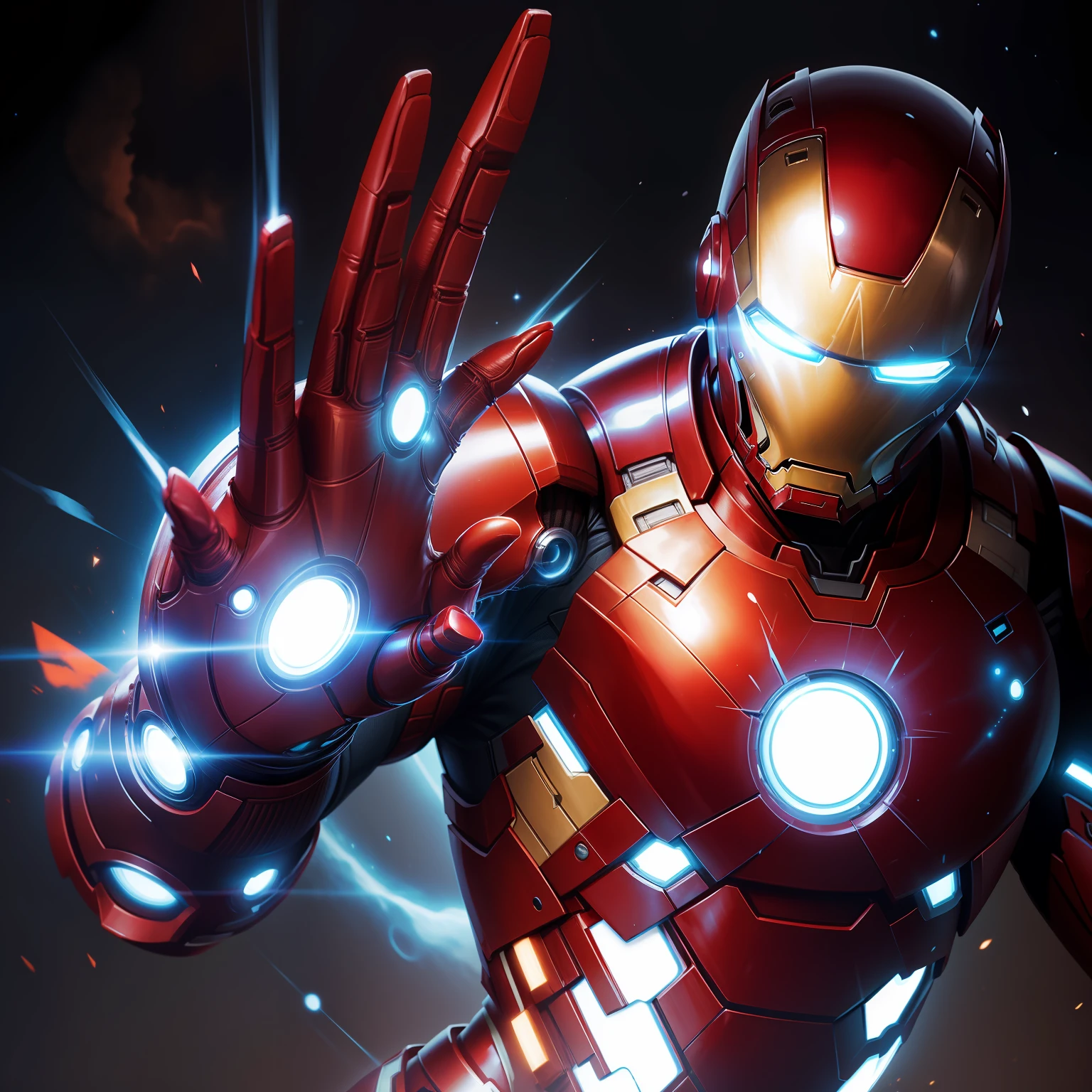 The iron man with the glove of the tanos in the dark space with the background
