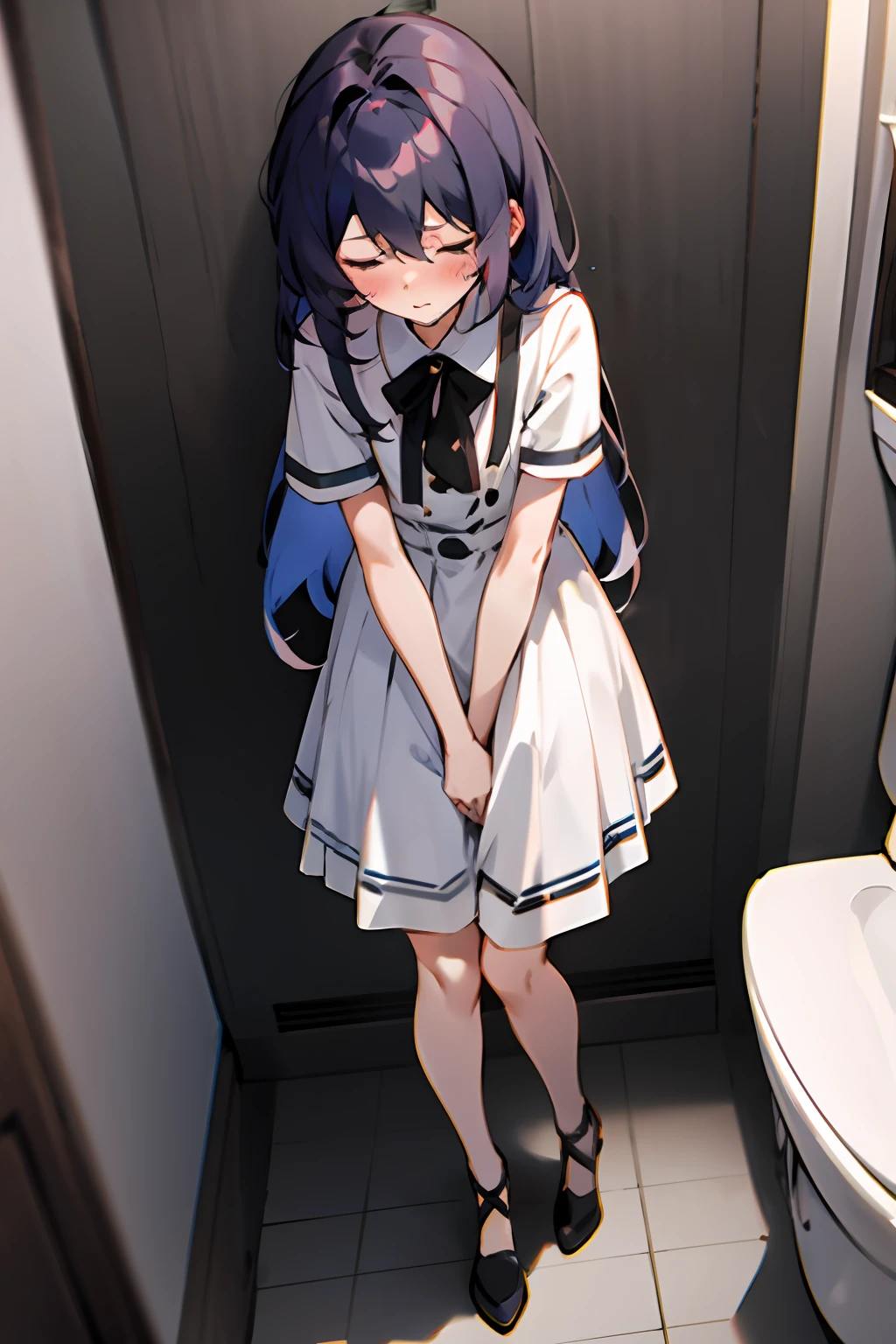 1girl with long hair and dress, 1 girl is taking to lavatory, looking away, standing, embarrassed, blush, Keep one's mouth shut, street (girl is peeing self:0.6)