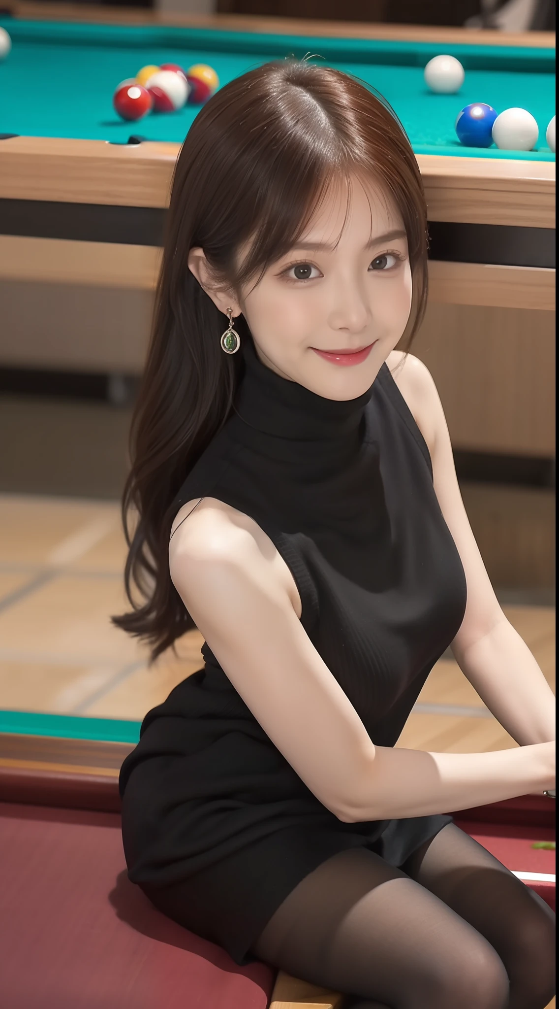 (true to life,Photorealistic 1.5),((best qualtiy, 8K, tmasterpiece:1.3)),SLR camera (二重まぶた,largeeyes:1.3),(smile1.5),(Full body photo 1.5)(One person 1.5)Clear focus 1.2, Perfect body beauty:1.4 , Delicate skin1.1,(Burgundy big wavy long hair 1.5),(Delicate facial features1.4),(Pure desire 1.3)(Black pantyhose 1.5)(The leg length is one meter two,1.5),Black turtleneck sleeveless sweater,pleatedskirt,Slender legs,high-heels,With earrings,Wristband jade bracelet,Billiard Hall,Sit on the pool table