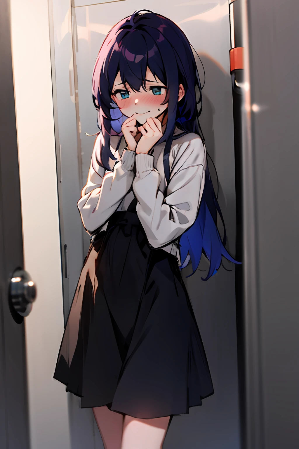1girl with long hair and dress, 1 girl is taking to lavatory, looking away,  standing,  embarrassed, blush, Keep one's mouth shut,  street (girl is peeing self:0.6)
