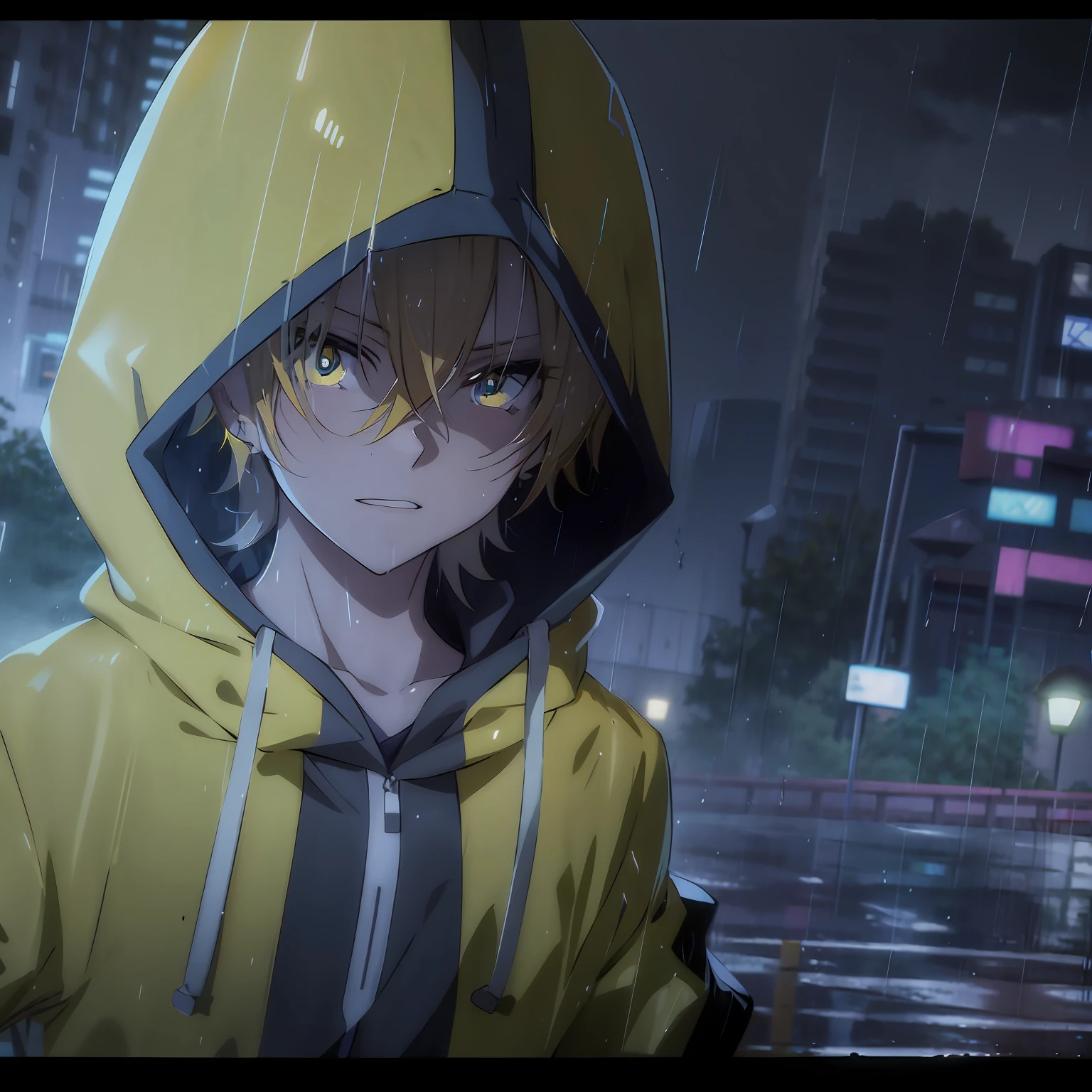 Anime character in Yellow Hoodie standing in the rain at night, casaco amarelo, personagem ruivo, olhos amarelos, expression would be, focado,