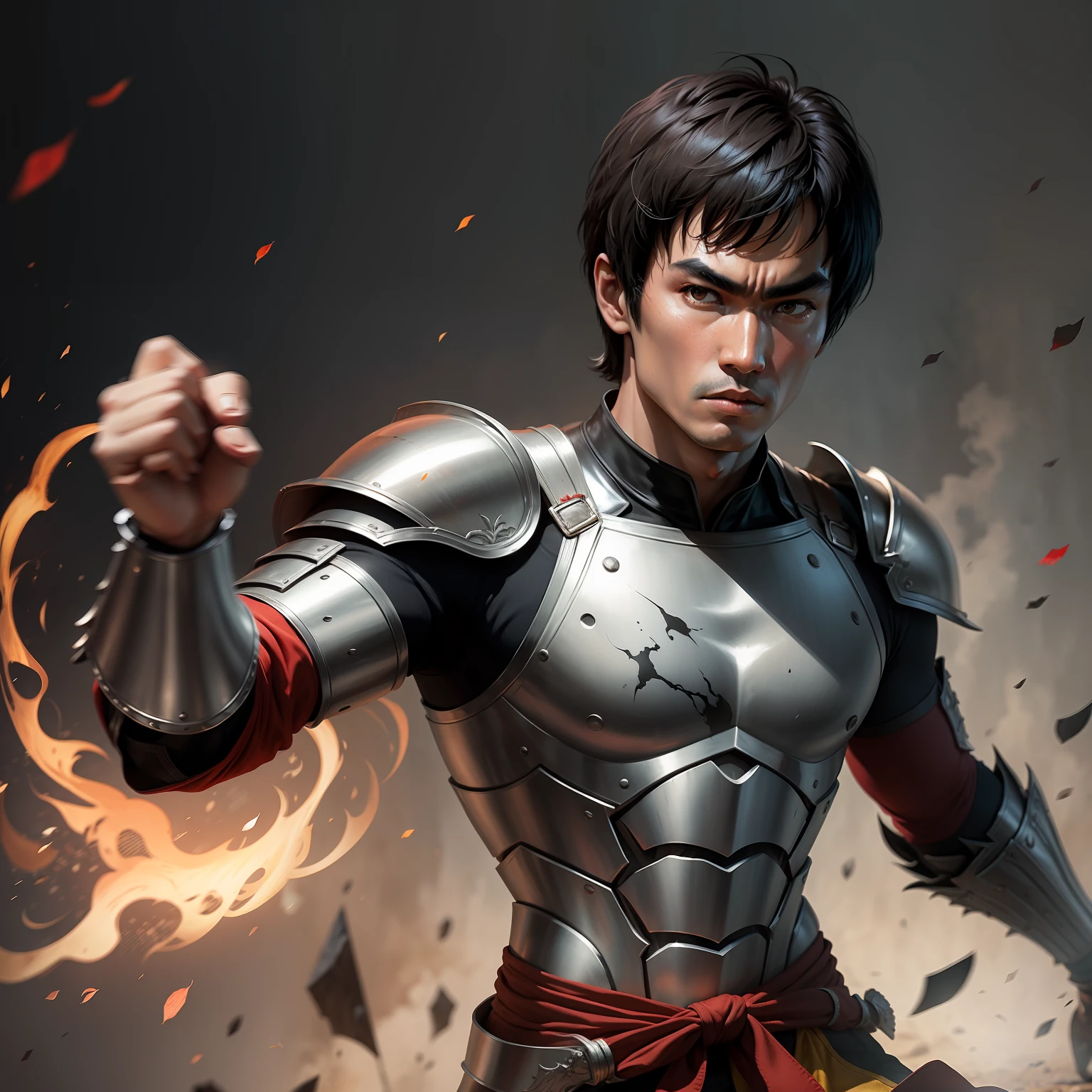 Bruce Lee wears armor and armor is red, white and silver