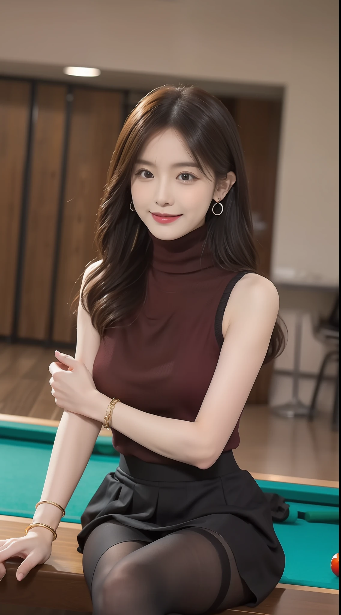 (true to life,Photorealistic 1.5),((best qualtiy, 8K, tmasterpiece:1.3)),SLR camera (二重まぶた,largeeyes:1.3),(smile1.5),(Full body photo 1.5)(One person 1.5)Clear focus 1.2, Perfect body beauty:1.4 , Delicate skin1.1,(Burgundy big wavy long hair 1.5),(Delicate facial features1.4),(Pure desire 1.3)(Black pantyhose 1.5)(The leg length is one meter two,1.5),Black turtleneck sleeveless sweater,pleatedskirt,Slender legs,high-heels,With earrings,Wristband jade bracelet,Billiard Hall,Sit on the pool table