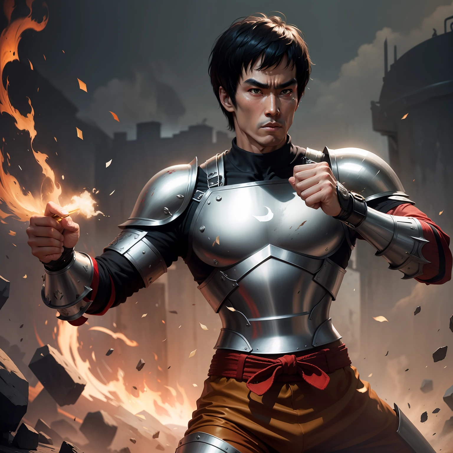 Bruce Lee wears armor and armor is red, white and silver