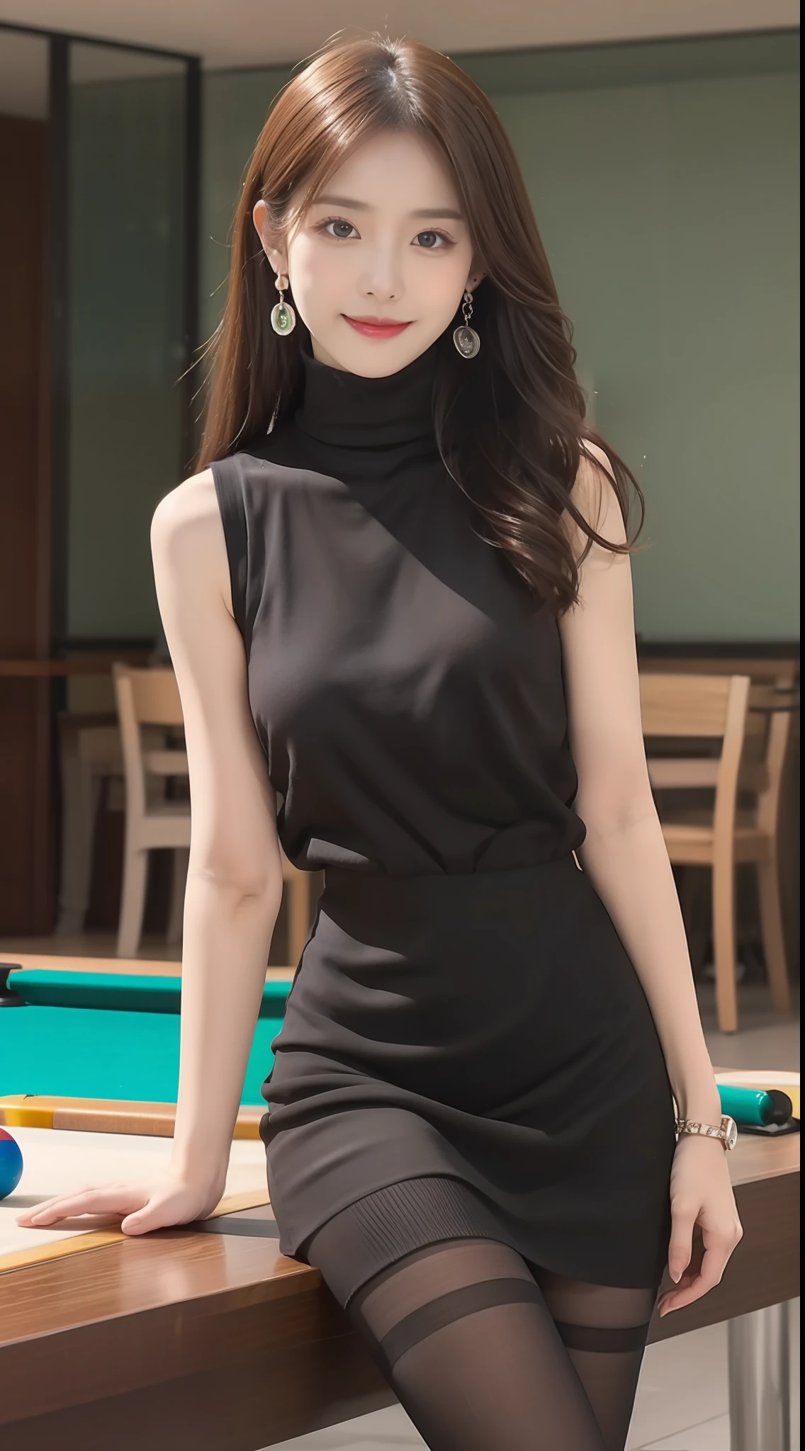 (true to life,Photorealistic 1.5),((best qualtiy, 8K, tmasterpiece:1.3)),SLR camera (二重まぶた,largeeyes:1.3),(smile1.5),(Full body photo 1.5)(One person 1.5)Clear focus 1.2, Perfect body beauty:1.4 , Delicate skin1.1,(Burgundy big wavy long hair 1.5),(Delicate facial features1.4),(Pure desire 1.3)(Black pantyhose 1.5)(The leg length is one meter two,1.5),Black turtleneck sleeveless sweater,pleatedskirt,Slender legs,high-heels,With earrings,Wristband jade bracelet,Billiard Hall,Sit on the pool table