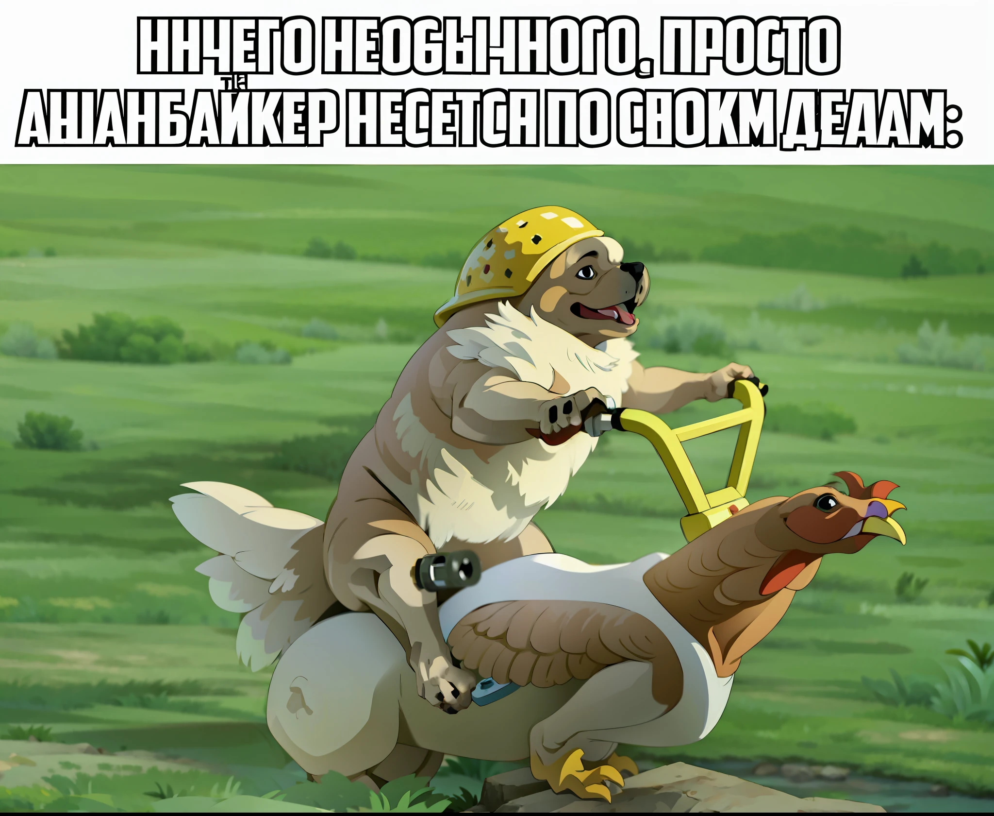 There is a dog and a skeleton, chicken riding with chicken grlova with steering wheel from BMX,meme, comiс style, 000 — wikipedia, Funny meme,  Memes, Funny art meme, comic style