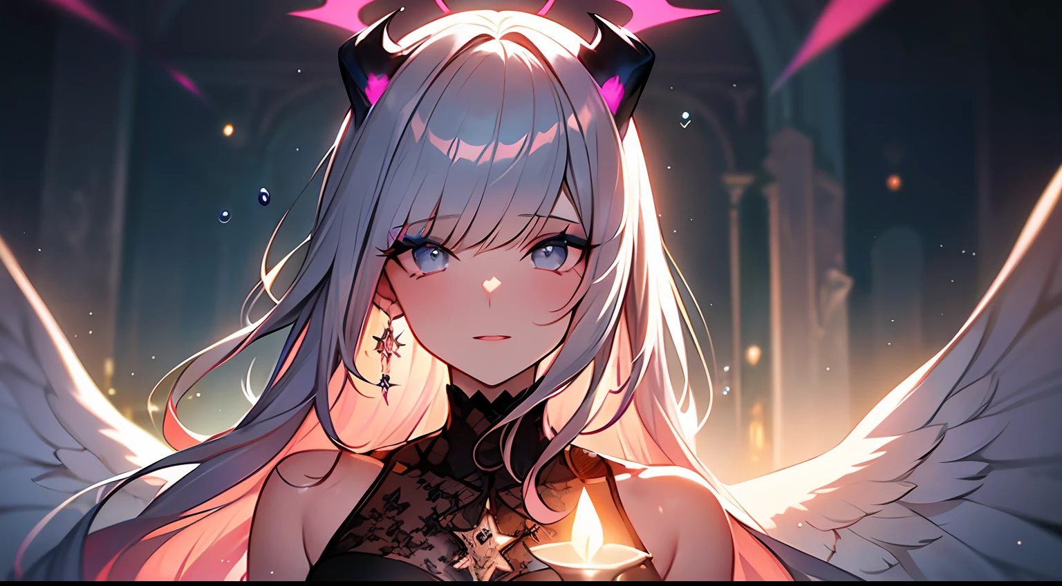 (Masterpiece:1.2), best quality, (illustration:1.2), (ultra-detailed),Eye focus,(Masterfully crafted Glow, pink lens flare), (Cinematic background), hyper details, (delicate detailed), (intricate details),in the air, octane render, hdr, (hyperdetailed:1.15), (soft light:1.2), 1girl, beautiful girl, ultra detailed eyes, mature, plump, thick, rainbow painting drops, paint teardrops, woman made up from paint, entirely paint, splat, splash, outdoors, (bioluminescent hair:1.1),(glowing eyes), ((makeup)),(Cinematic masterpiece), fierce, powerful, splashes of colour absolutely eye-catching, (Cinematic headlight), light coming from above, growing shadows, ((caustic)), dynamic angle, beautiful detailed glow, ambient occlusion, ambient light, raytraced reflections,(best illumination, an extremely delicate and beautiful), ((cinematic light)), (soft:2), (Nephilim:1.2), (halo), demon horns,(1 angel wing),1 demon wing, wings on back, half demon, demon ears, black wings, raven wings, (falling raven feathers), black hair, grey eyes, (red hair glow), (radiant aura),