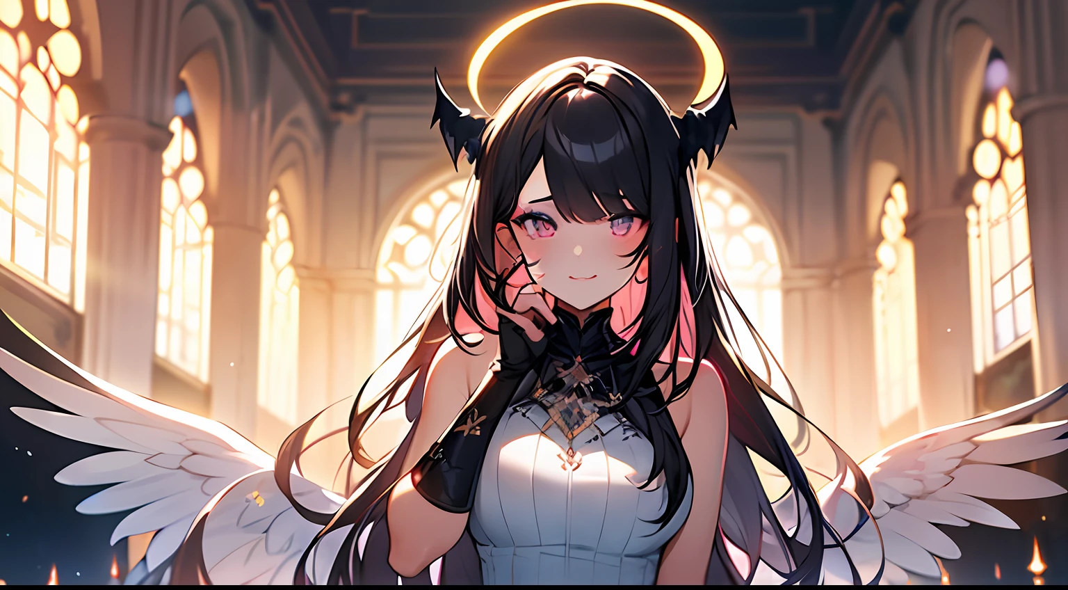 (Masterpiece:1.2), best quality, (illustration:1.2), (ultra-detailed),Eye focus,(Masterfully crafted Glow, pink lens flare), (Cinematic background), hyper details, (delicate detailed), (intricate details),in the air, octane render, hdr, (hyperdetailed:1.15), (soft light:1.2), 1girl, beautiful girl, ultra detailed eyes, mature, plump, thick, rainbow painting drops, paint teardrops, woman made up from paint, entirely paint, splat, splash, outdoors, (bioluminescent hair:1.1),(glowing eyes), ((makeup)),(Cinematic masterpiece), fierce, powerful, splashes of colour absolutely eye-catching, (Cinematic headlight), light coming from above, growing shadows, ((caustic)), dynamic angle, beautiful detailed glow, ambient occlusion, ambient light, raytraced reflections,(best illumination, an extremely delicate and beautiful), ((cinematic light)), (soft:2), (Nephilim:1.2), (halo), demon horns,(1 angel wing),1 demon wing, wings on back, half demon, demon ears, black wings, raven wings, (falling raven feathers), black hair, grey eyes, (red hair glow), (radiant aura),