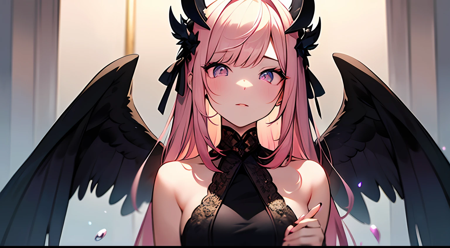 (Masterpiece:1.2), best quality, (illustration:1.2), (ultra-detailed),Eye focus,(Masterfully crafted Glow, pink lens flare), (Cinematic background), hyper details, (delicate detailed), (intricate details),in the air, octane render, hdr, (hyperdetailed:1.15), (soft light:1.2), 1girl, beautiful girl, ultra detailed eyes, mature, plump, thick, rainbow painting drops, paint teardrops, woman made up from paint, entirely paint, splat, splash, outdoors, (bioluminescent hair:1.1),(glowing eyes), ((makeup)),(Cinematic masterpiece), fierce, powerful, splashes of colour absolutely eye-catching, (Cinematic headlight), light coming from above, growing shadows, ((caustic)), dynamic angle, beautiful detailed glow, ambient occlusion, ambient light, raytraced reflections,(best illumination, an extremely delicate and beautiful), ((cinematic light)), (soft:2), (Nephilim:1.2), (halo), demon horns,(1 angel wing),1 demon wing, wings on back, half demon, demon ears, black wings, raven wings, (falling raven feathers), black hair, grey eyes, (red hair glow), (radiant aura),