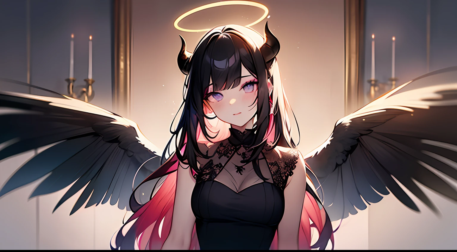 (Masterpiece:1.2), best quality, (illustration:1.2), (ultra-detailed),Eye focus,(Masterfully crafted Glow, pink lens flare), (Cinematic background), hyper details, (delicate detailed), (intricate details),in the air, octane render, hdr, (hyperdetailed:1.15), (soft light:1.2), 1girl, beautiful girl, ultra detailed eyes, mature, plump, thick, rainbow painting drops, paint teardrops, woman made up from paint, entirely paint, splat, splash, outdoors, (bioluminescent hair:1.1),(glowing eyes), ((makeup)),(Cinematic masterpiece), fierce, powerful, splashes of colour absolutely eye-catching, (Cinematic headlight), light coming from above, growing shadows, ((caustic)), dynamic angle, beautiful detailed glow, ambient occlusion, ambient light, raytraced reflections,(best illumination, an extremely delicate and beautiful), ((cinematic light)), (soft:2), (Nephilim:1.2), (halo), demon horns,(1 angel wing),1 demon wing, wings on back, half demon, demon ears, black wings, raven wings, (falling raven feathers), black hair, grey eyes, (red hair glow), (radiant aura),