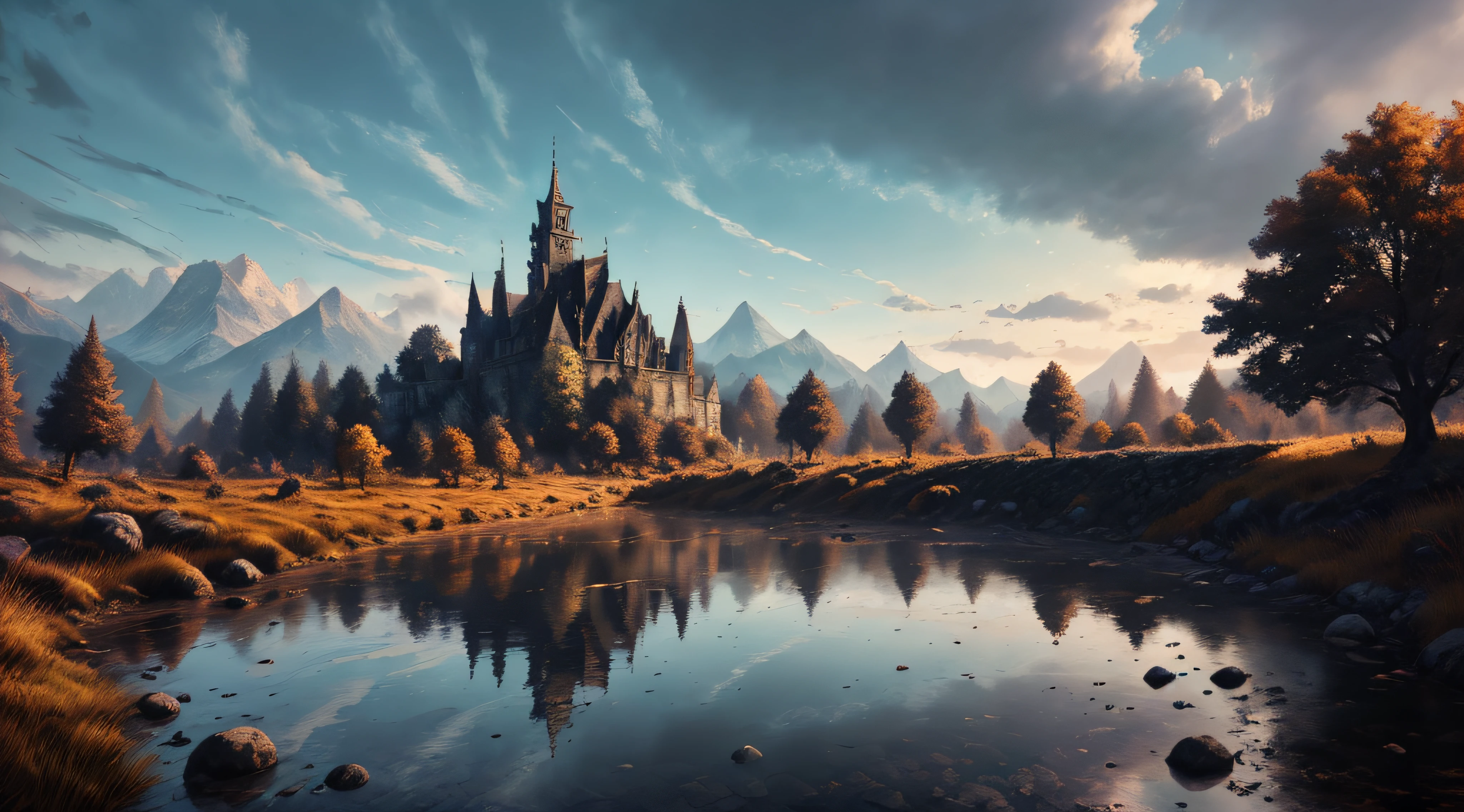 magic landscape,elden ring, dark arts, the witcher,realistic photo,breath taking, sharp lense, professional photographie, 70mm lense, detail love, good quality, unreal engine 5, wallpaper, colerful, highly detailed, 8k, soft light, photo realistic