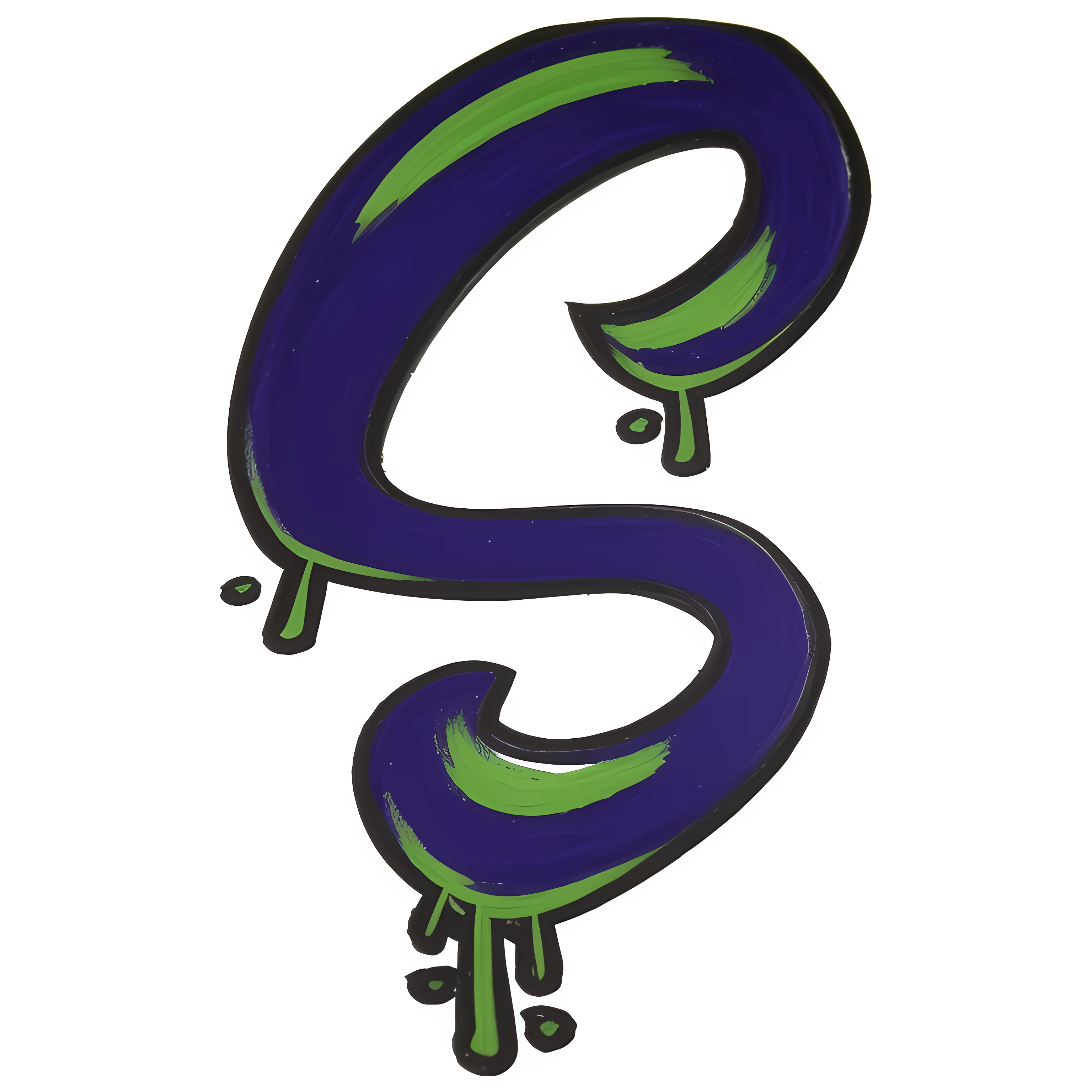 a partir desse modelo crie um logotipo para camisetas, the logo is the letter "S" em tons verde e roxos neons mesclando as cores em degrade e com um aspecto de molho escorrendo pra baixo, contornando em preto assimetrico completo e preenchedo o erros de desenho, em alta definicao