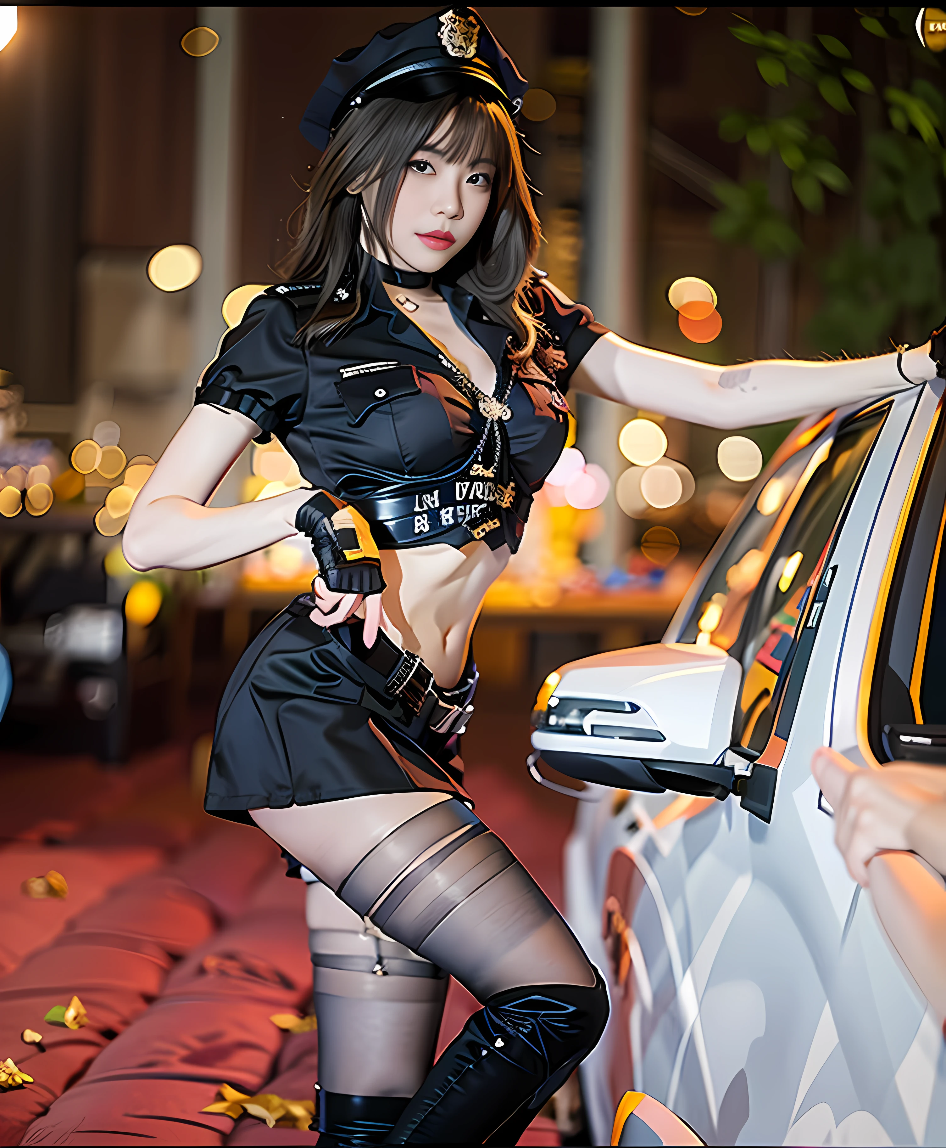 Policewoman uniform themed erotic lingerie with black stockings charm