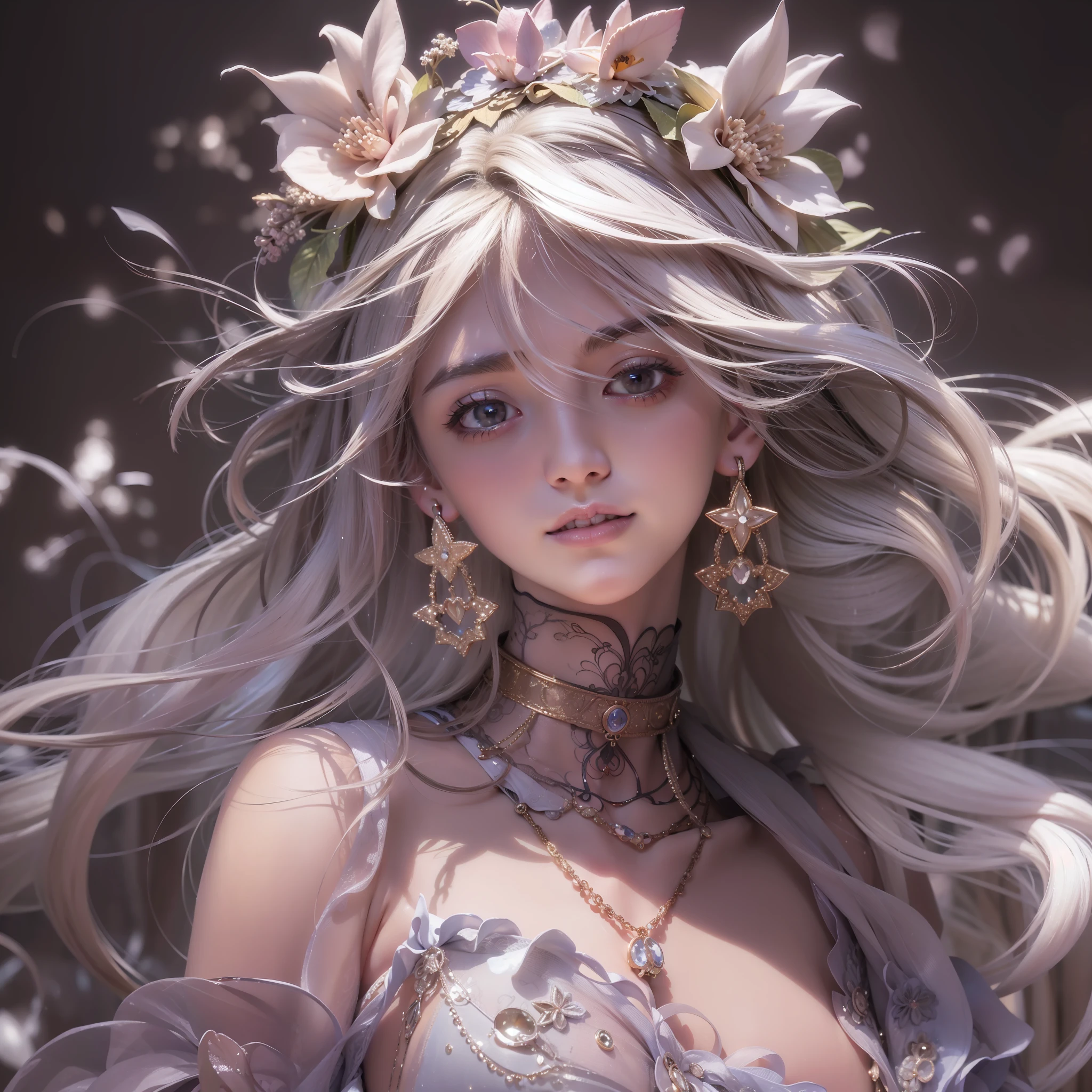 Best quality, masterpiece, high resolution, 1girl, clear silk porcelain dress, beautiful face, hair accessories, looking at the audience, smiling, close your mouth, lips, dress, hair accessories, necklaces, jewelry, long hair, earrings, beautiful face, on the body, Tindal effect, realism, dark studio, edge lighting, two-tone lighting, (high detail skin: 1.2), 8k UHD, DSLR, soft light, high quality, volumetric lighting, photo, high resolution 4K, 8k, blurred background