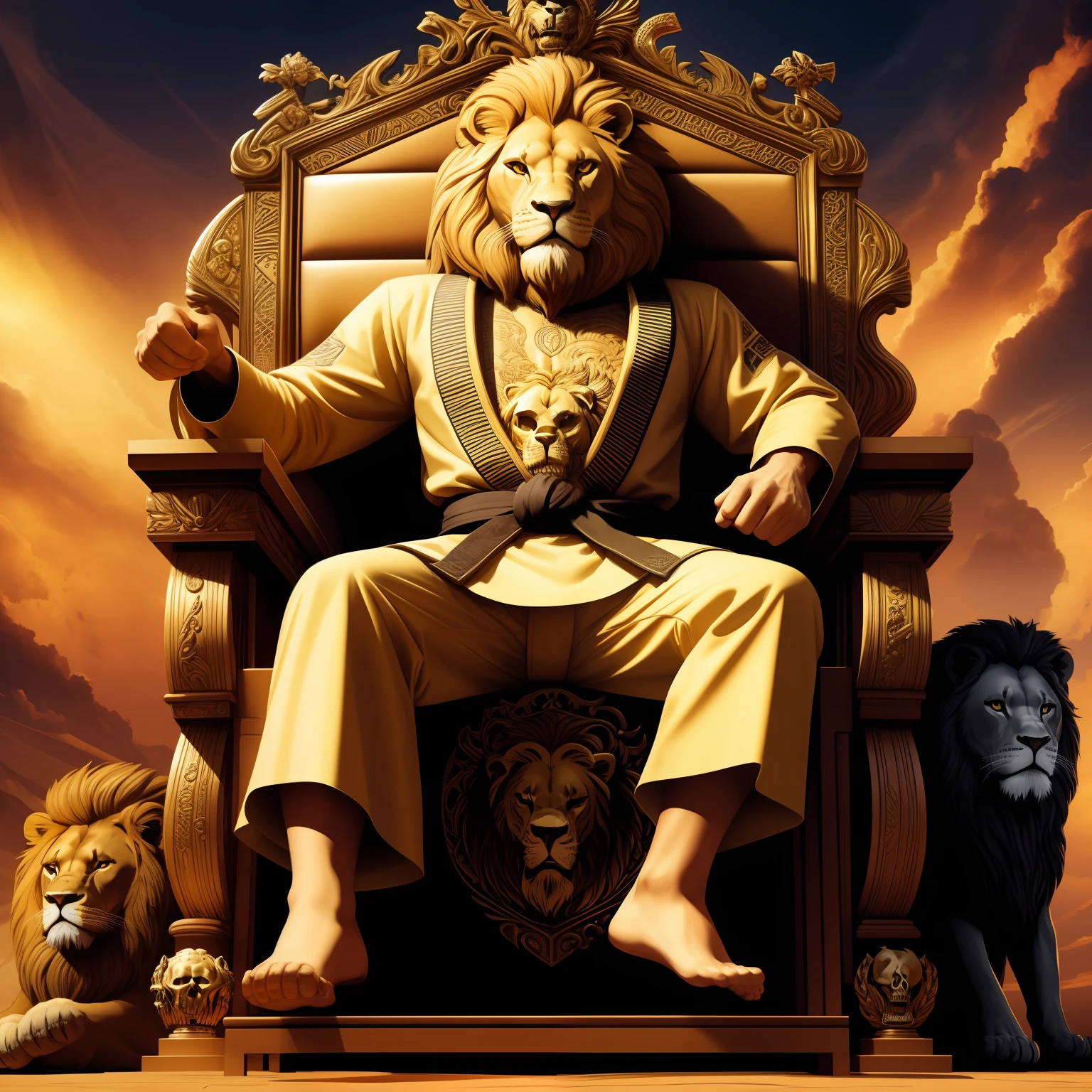 Style Tarantino Lion detailed face hi detailed sitting on a throne wearing a gi of Brazilian jiu-jitsu, holding a skull, Stepping on various skeletons