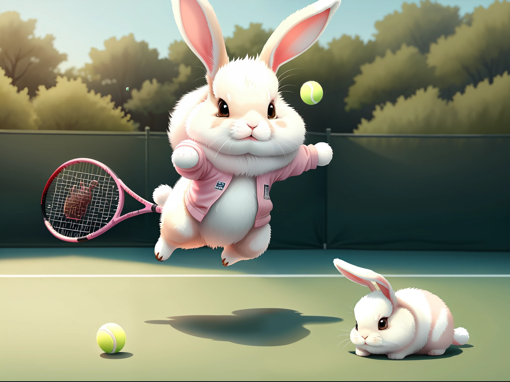 "cute and playful pink bunnies with fluffy and furry coats enjoying a lively game of tennis on a beautifully maintained court, showcasing their agility and adorable charm, best quality, capturing the enchantment of fantasy animals."