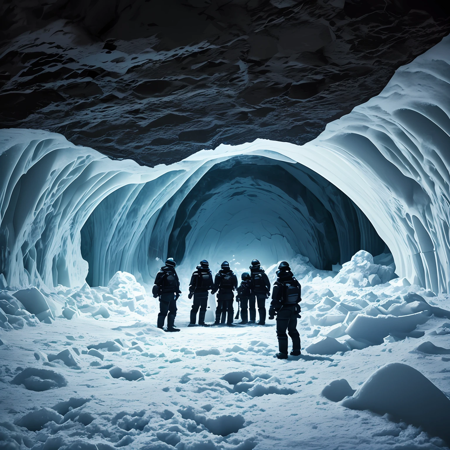 Group of explorers in black-colored exploration suits lost inside caves made of ice and snow, no meio de um ambiente gelado, Ambiente escuro, Cinematography, Hiper realista, assustador, Lovecraft, paredes de neve, surreal, psicodelic