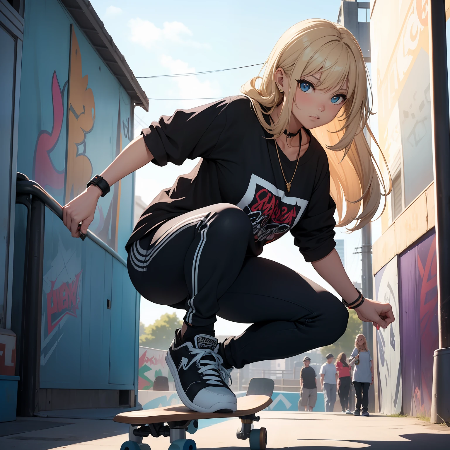 (masterpiece, best quality, ultra HD, 8k, wallpaper), cinematic view, full body view, front view, perfect body, perfect anatomy, curvaceous, alluring, perfect hands, perfect eyes, detailed eyes, large breasts, long round legs, round ass, captivating female skateboarder with flowing blond hair exudes confidence and passion, her features are refined, and a determined glint in her eyes reflects her love for skateboarding, dressed in a stylish, form-fitting skateboarding top with edgy graphics, she pairs it with comfortable and flexible high-waisted pants that showcase her flair for fashion, her shoes are well-worn but reliable, giving her the perfect grip on the board as she performs tricks with finesse, simple necklace around her neck, showing her dedication to the sport, skatepark's vibrant atmosphere surrounds her, with graffiti-covered walls, ramps, and rails creating an urban playground for her skills, the sun casts a warm glow over the scene, illuminating her every move as a diverse crowd of spectators watches with excitement, her well proportioned skateboard, a well-crafted deck that has seen countless tricks, waits eagerly for her next freestyle maneuver, with her feet planted firmly on the board, she embodies the spirit of skateboarding, captivating everyone with her talent, confidence, and undeniable prowess