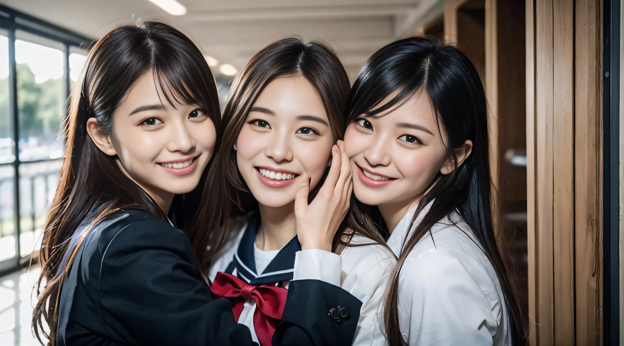 (8K、Raw photography、top-quality、masterpiece:1.2)、ultra-detailliert、ultra res、(hyper reality、)ultra-detailliert、ultra res、(realisitic、Real Photographics:1.47)、(wave a hand at the camera)Woman waving here、Delicate, Feminine clean hands、de pele branca、Fair-skinned female proofreading、An ultra-high picture quality、Stylish lighting、Beautiful female proofreading reflecting in light、amazing detailed、Beautiful girls in very detailed、Faces with different patterns、Different face patterns、Each hairstyle has its own characteristics、Farbe々Hairstyle、Farbe々Hair color、Circle of Angels、Super good friend、Good female proofreaders are playing、Having a conversation in a classroom at school、Brown hair shining in the light、One has a ponytail、、Modern cute high school girl、very detailed faces very detailed eyes、Very realistic skin、 extremely detailed fingers, highly detailed nose, highly detail mouth, perfect anatomia, Highly detailed sailor suit、highly detailed back ground,After school、Smiling school girls are gathered in the hallway of the school。They are hugging each other in uniform、Light from bright windows illuminates the classroom、The details of their hair and uniforms shine through.。, famous Japan idol, cute little, Realistic body, de pele branca, glistning skin, Slim body, Long straight hair, (Blunt bangs:1.2), two young women in school uniforms hugging each other in a hallway, two japanese schoolgirls posing, nixeu and sakimichan, TWICE, Seifuku, sakimichan, JK Uniform, wearing japanese school uniform,