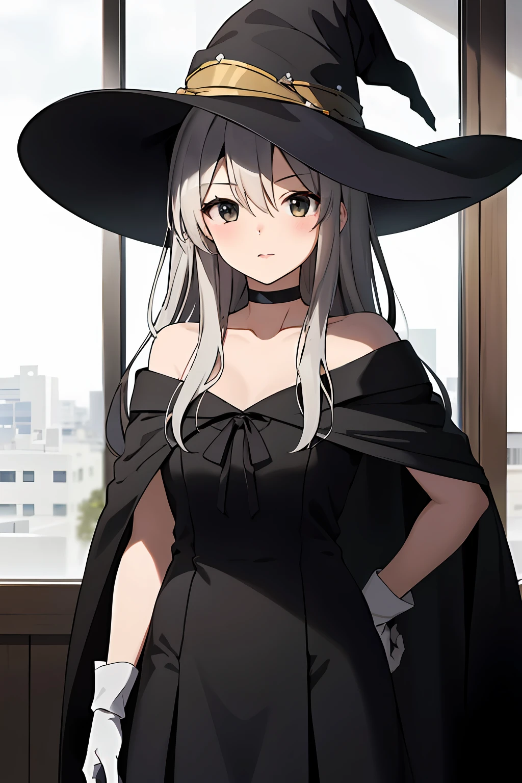 (highres, best quality:1.2), 1girl, radiance, soft contours, beautiful drawing, kyoani haruhi style, indoors, white hair, black cape, white gloves, blush, cape, choker, collarbone, dress, hair between eyes, hat, short sleeves, looking at viewer, long hair, off-shoulder dress, off shoulder, blue dress,black eyes, sidelocks, solo, witch hat, ((masterpiece))