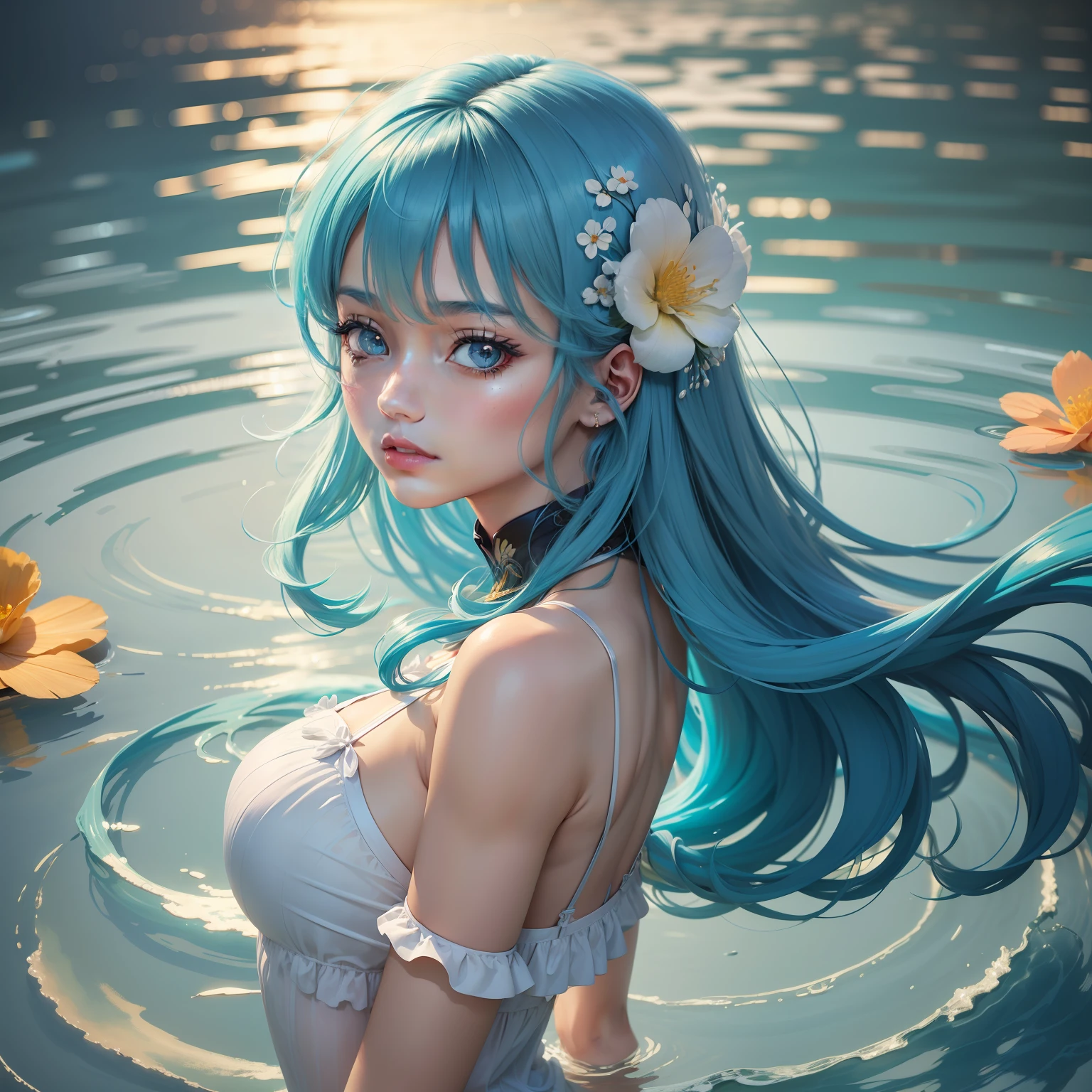 (masterpiece), (best quality), (ultra detailed),(disheed hair),(illustration),(Fashionable clothing), standing, Fashion model, looking at viewer, (interview), (simple background),An anime girl,美丽细致的眼睛,Delicate beauty,afloat,(high saturated),(Colorful splashes),Colorful bubbles,(shine),Focus on the face,lightblue hair,By bangs,Hair rings,Floating flowers,floated hair,(shiny),best illuminate,best shadow,