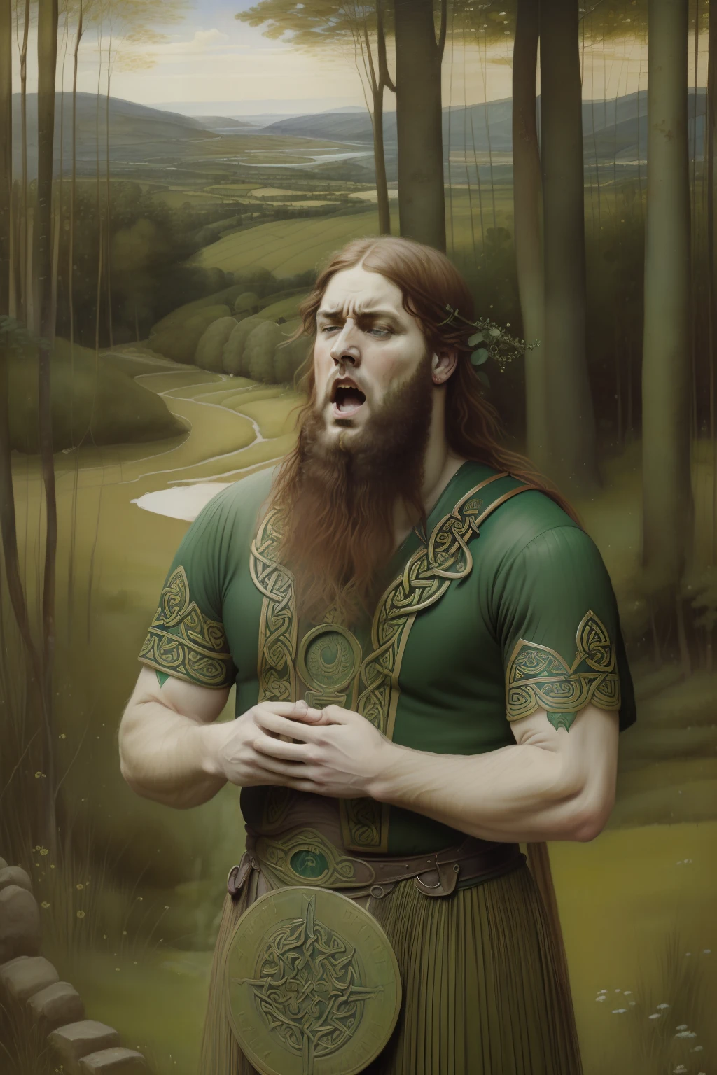 (((Pre-Raphaelite painting of Celtic man groans in pain, abaixo de um grande pinheiro selvagem))) paisagem celta, surpresa, boca aberta, espanto