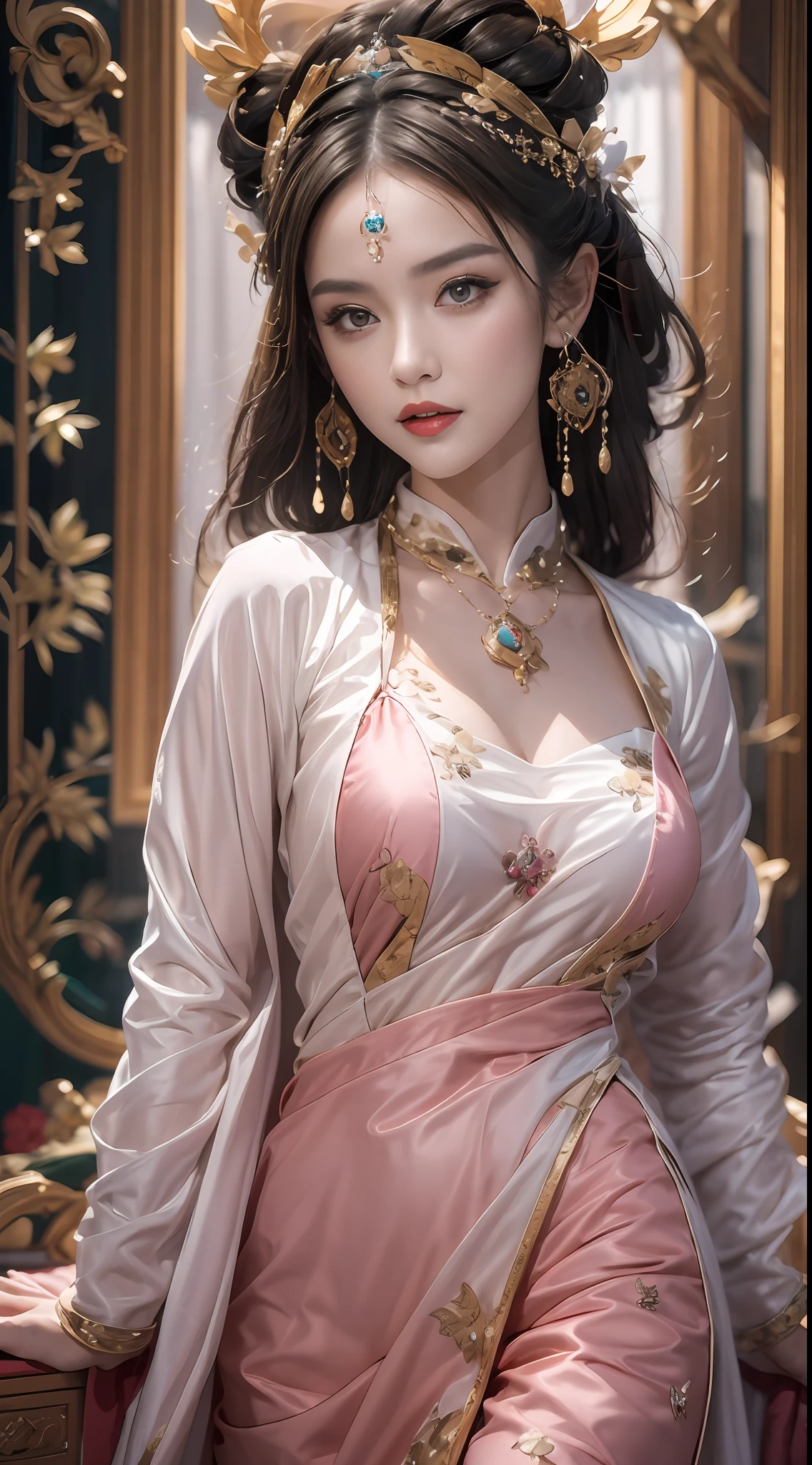 Portrait of a young 20-year-old saint, a saint with a beautiful and super cute face,wearing a very thin and sexy ao dai, beautiful cute face, Ao dai with a deep slit in the chest and attractive black and white lace trim, beautiful face without blemishes, Lovely smile, ((7-color hair length:1.2)), big crown, hair brooch, hanfu dress, chinese ancient style, full body jewelry, forehead tattoo, The female saint's breasts are round and very full, breast augmentation, innocent face, The most beautiful and detailed light red lipstick, ((Thin plump lips:0.3)), delicate pink and white eyes (white and detailed) cinematic, light and dark, dramatic lighting, magical light, extremely detailed light, true color, super sharp, realistic, 8k quality, fantasy universe background, saints and magical space, the most detailed images, Solo, a saintess, ((looking directly at the saint's upper body:0.4)), ((smooth skin:0.5)),