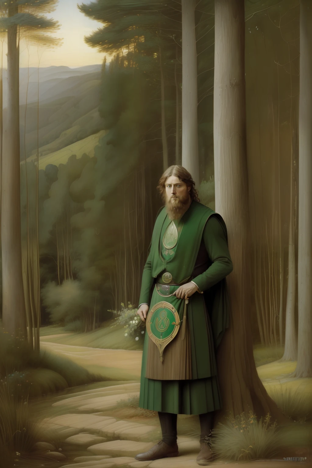 (((Pre-Raphaelite painting of Celtic man surprised groaning in admiration, oh, pelo grande tamanho de um pinheiro selvagem))) paisagem celta, surpresa, boca aberta, espanto