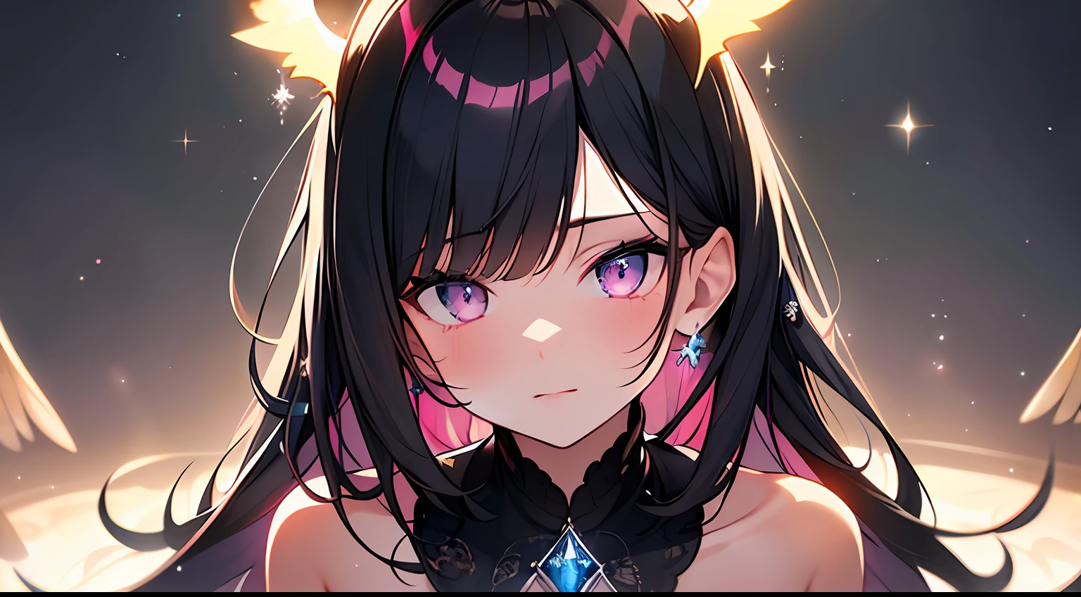 (Masterpiece:1.2), best quality, (illustration:1.2), (ultra-detailed),Eye focus,(Masterfully crafted Glow, pink lens flare), (Cinematic background), hyper details, (delicate detailed), (intricate details),in the air, octane render, hdr, (hyperdetailed:1.15), (soft light:1.2), 1girl, beautiful girl, ultra detailed eyes, mature, plump, thick, rainbow painting drops, paint teardrops, woman made up from paint, entirely paint, splat, splash, outdoors, (bioluminescent hair:1.1),(glowing eyes), ((makeup)),(Cinematic masterpiece), fierce, powerful, splashes of colour absolutely eye-catching, (Cinematic headlight), light coming from above, growing shadows, ((caustic)), dynamic angle, beautiful detailed glow, ambient occlusion, ambient light, raytraced reflections,(best illumination, an extremely delicate and beautiful), ((cinematic light)), (soft:2), (Nephilim:1.2), (halo), demon horns,(1 angel wing),1 demon wing, wings on back, half demon, demon ears, black wings, raven wings, (falling raven feathers), black hair, grey eyes, (red hair glow), (radiant aura),