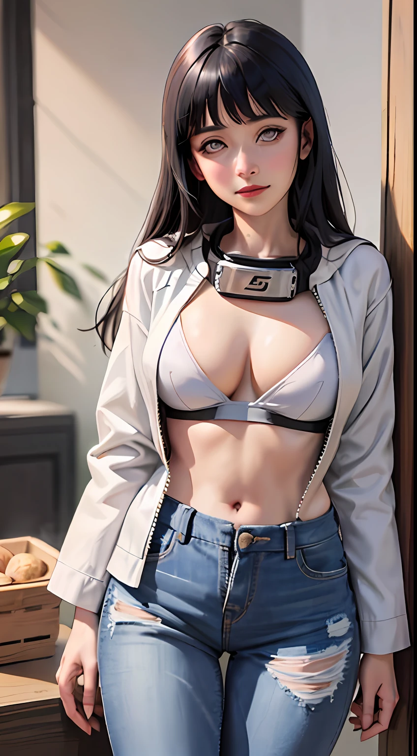 Obra-prima, highres, alta qualidade, rosto detalhado, render corpo detalhado, 1girl, solo, hyuuga hinata, hinata-sleevless-outfit, seios grandes, peito grande, camisa sem mangas, top, fishnet top, Dark lips, unzipped jacket, no-bra, seios para fora, mamilo, standingn, blushes, (no quarto), Denim Jeans Pants