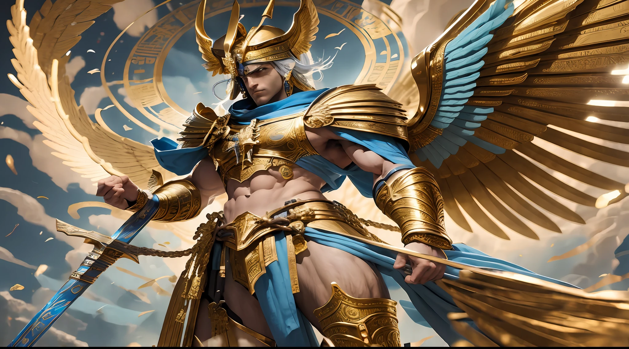 Make hermes the messenger God, masculino, Malefic posture, capacete de ouro com asas armadura pequena, muito magro, sapatos com asas, manto azul e dourado e branco,An Egyptian priest